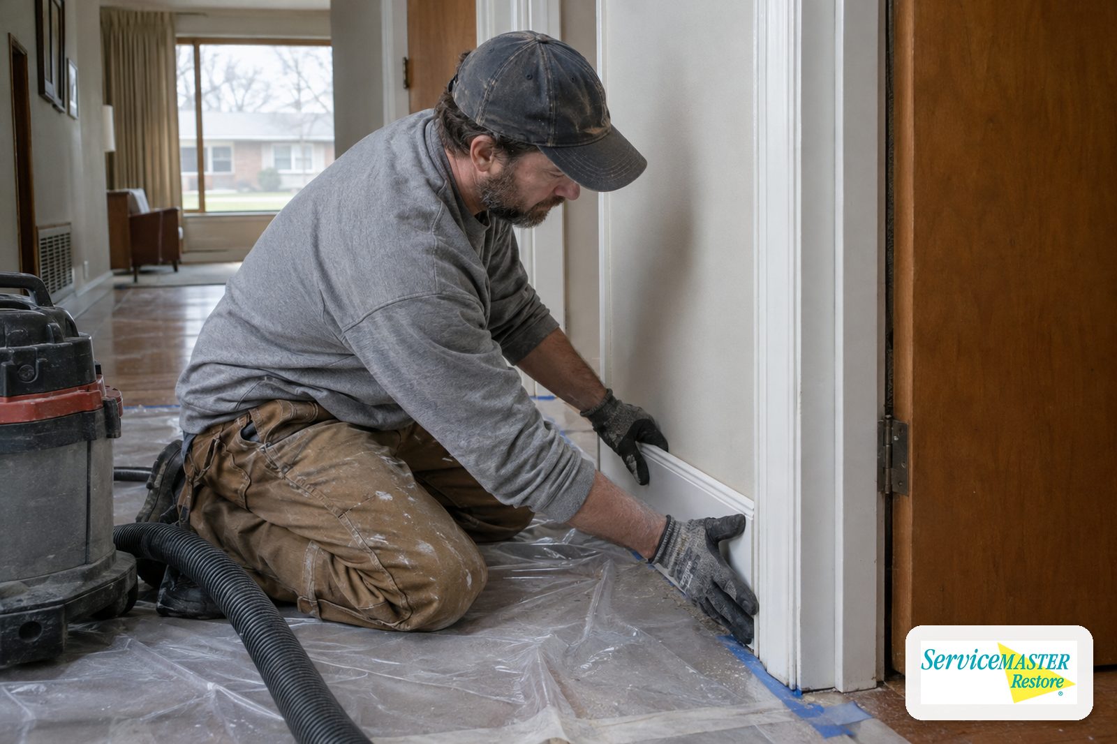 Carpenter reinstalling painted original baseboard with plastic sheeting on the floor