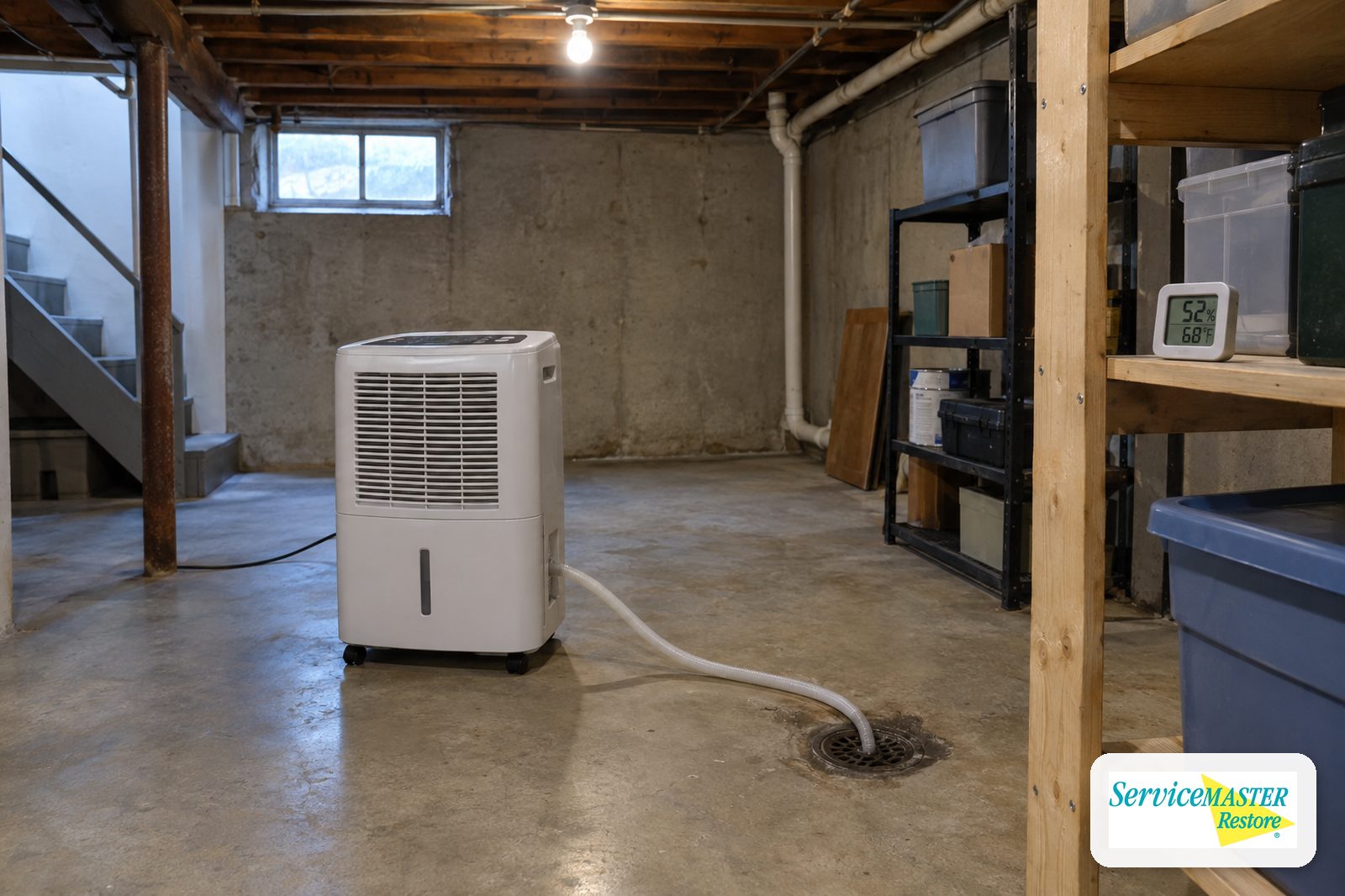 Portable dehumidifier draining into a basement floor drain with a hygrometer on a shelf