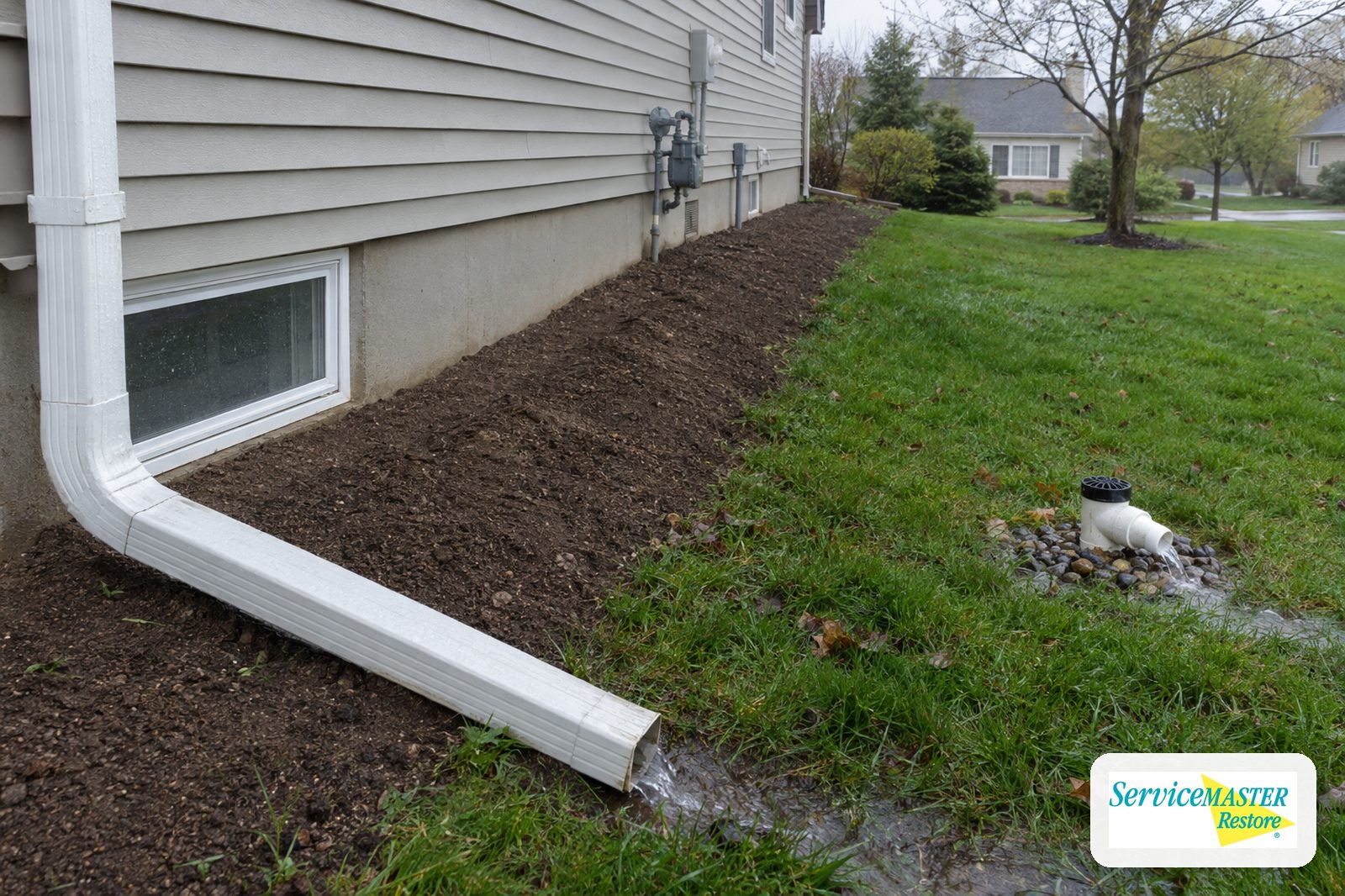 Downspout extension and sump discharge pipe directing water away from a house foundation