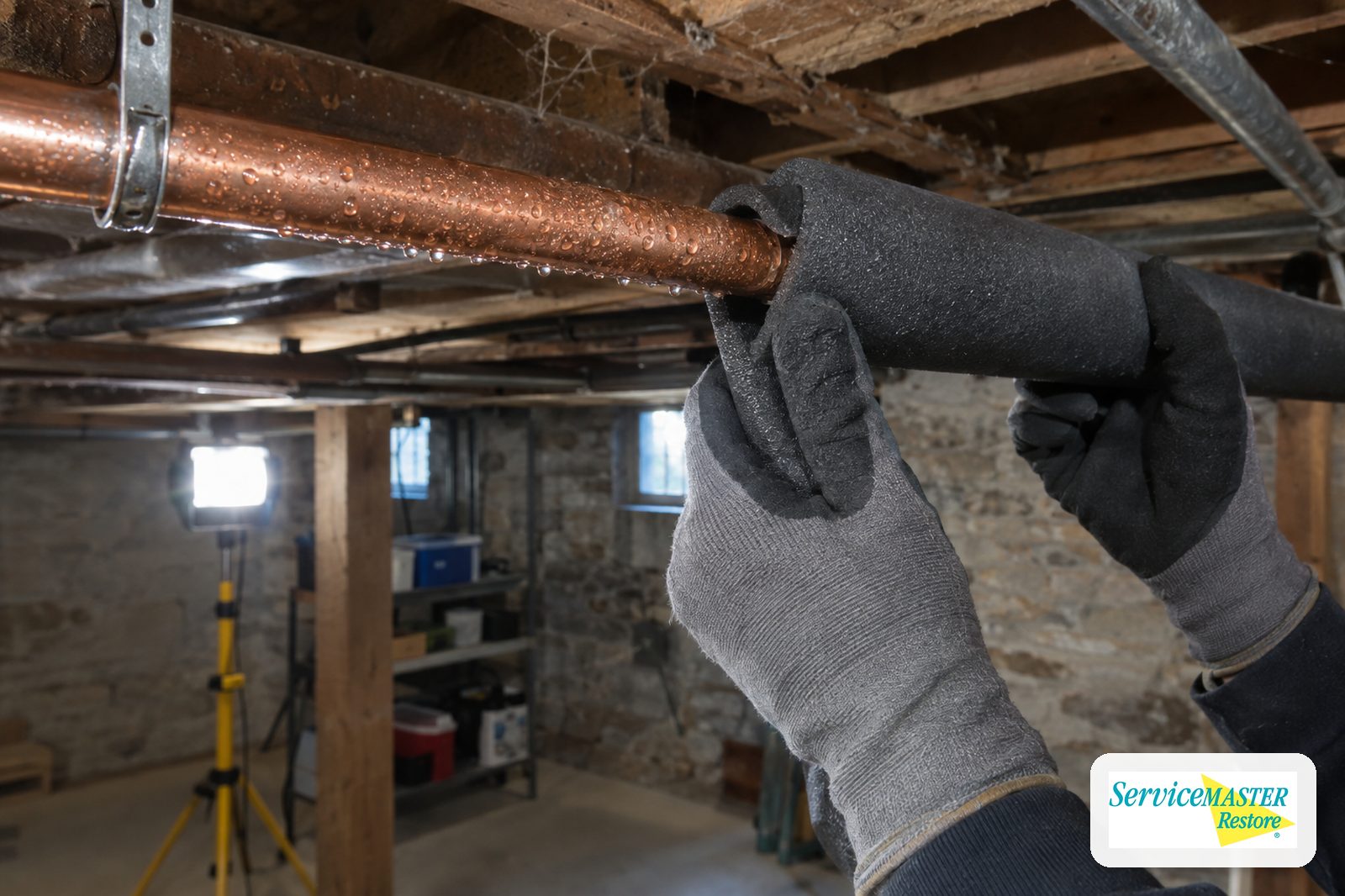 Gloved hand fitting foam insulation over a sweating cold-water pipe in a basement