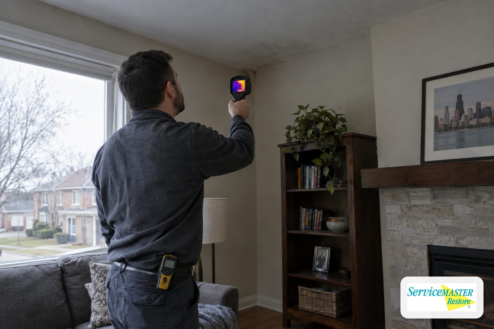 Technician scanning a ceiling corner with a handheld thermal camera