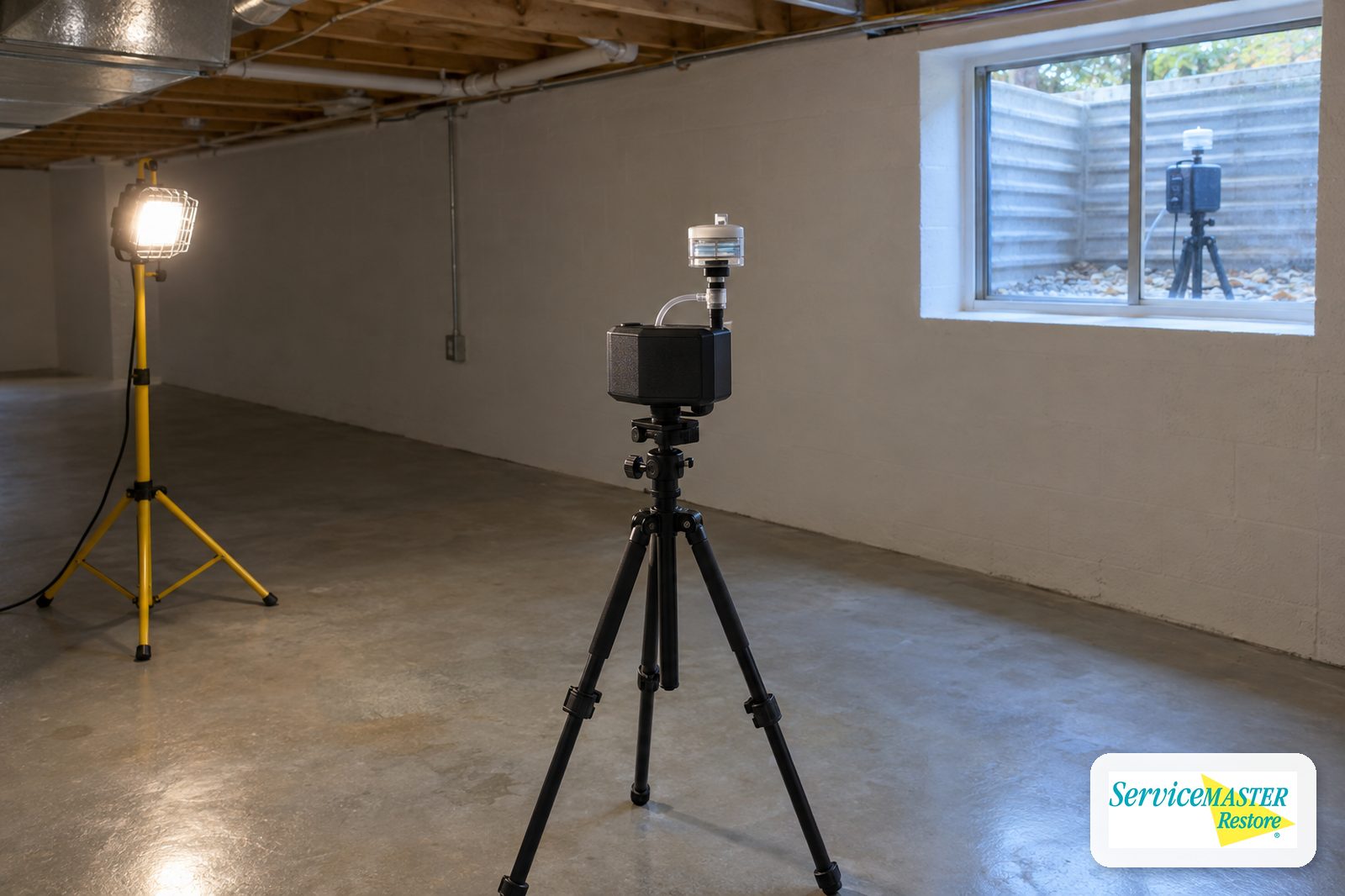 Air sampling pump with a spore-trap cassette on a tripod in an empty basement