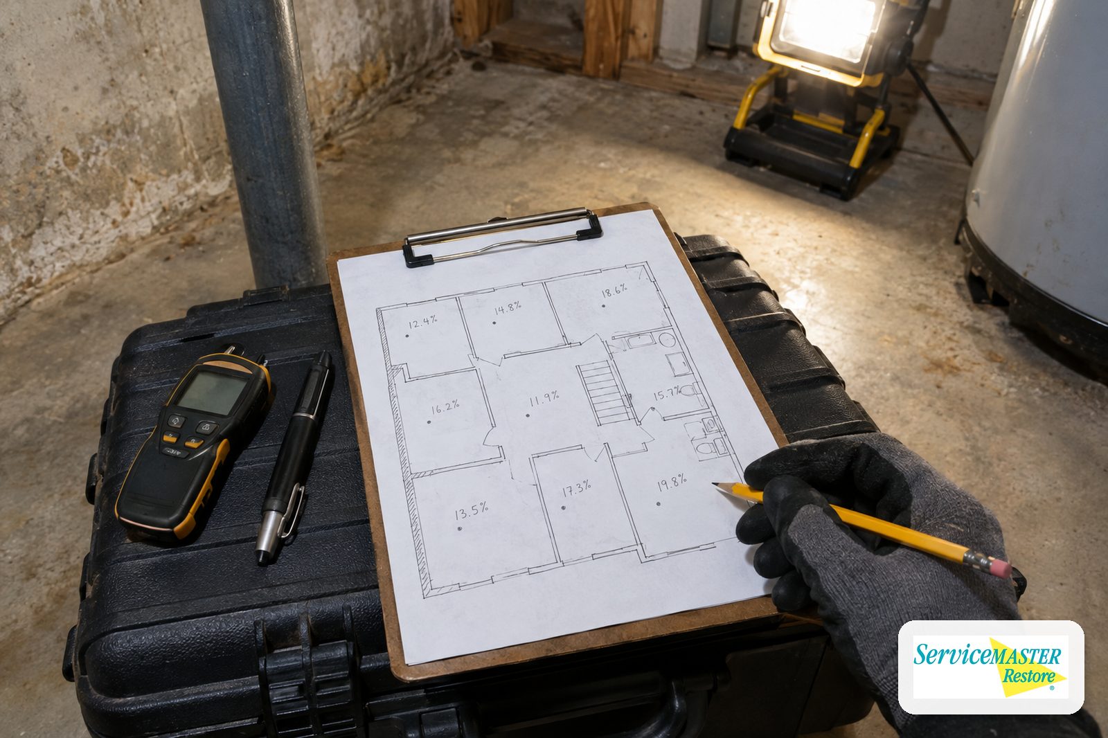 Gloved hand holding a pencil over a floor plan marked with moisture readings