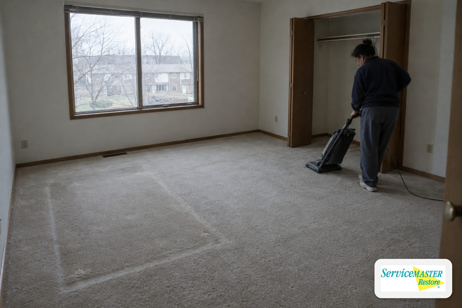 Cleaner vacuuming an empty bedroom where a dust outline marks a removed dresser