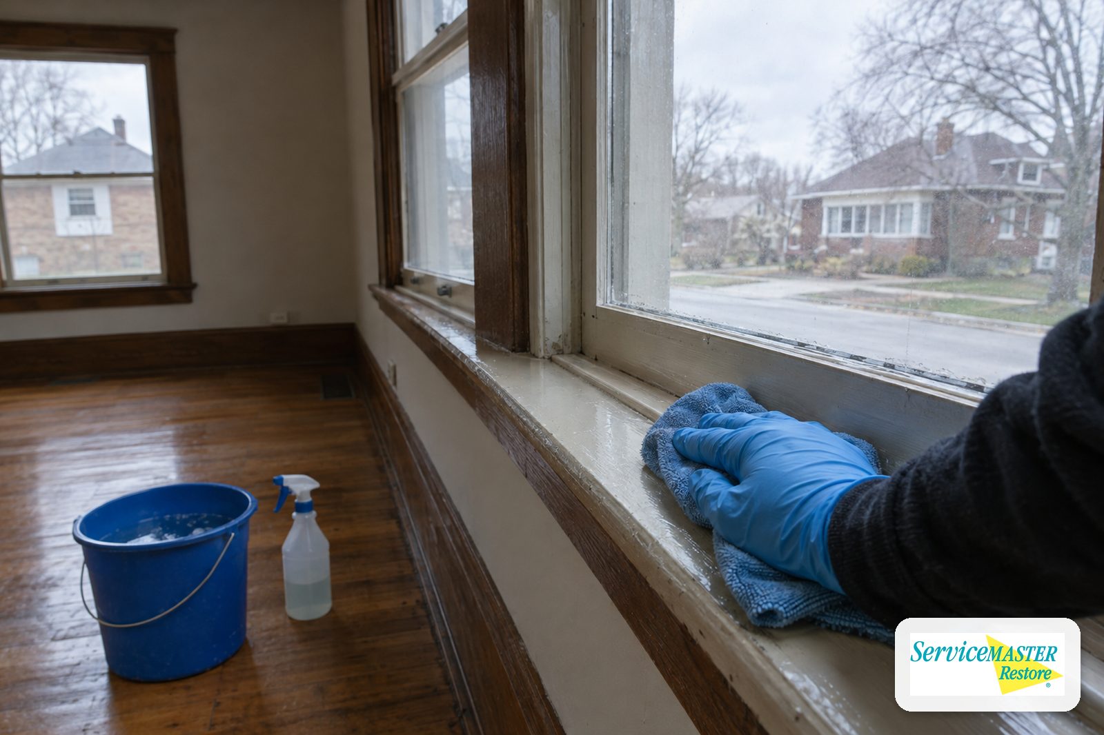 Gloved hand wiping a painted window sill with a damp cloth in an empty older home