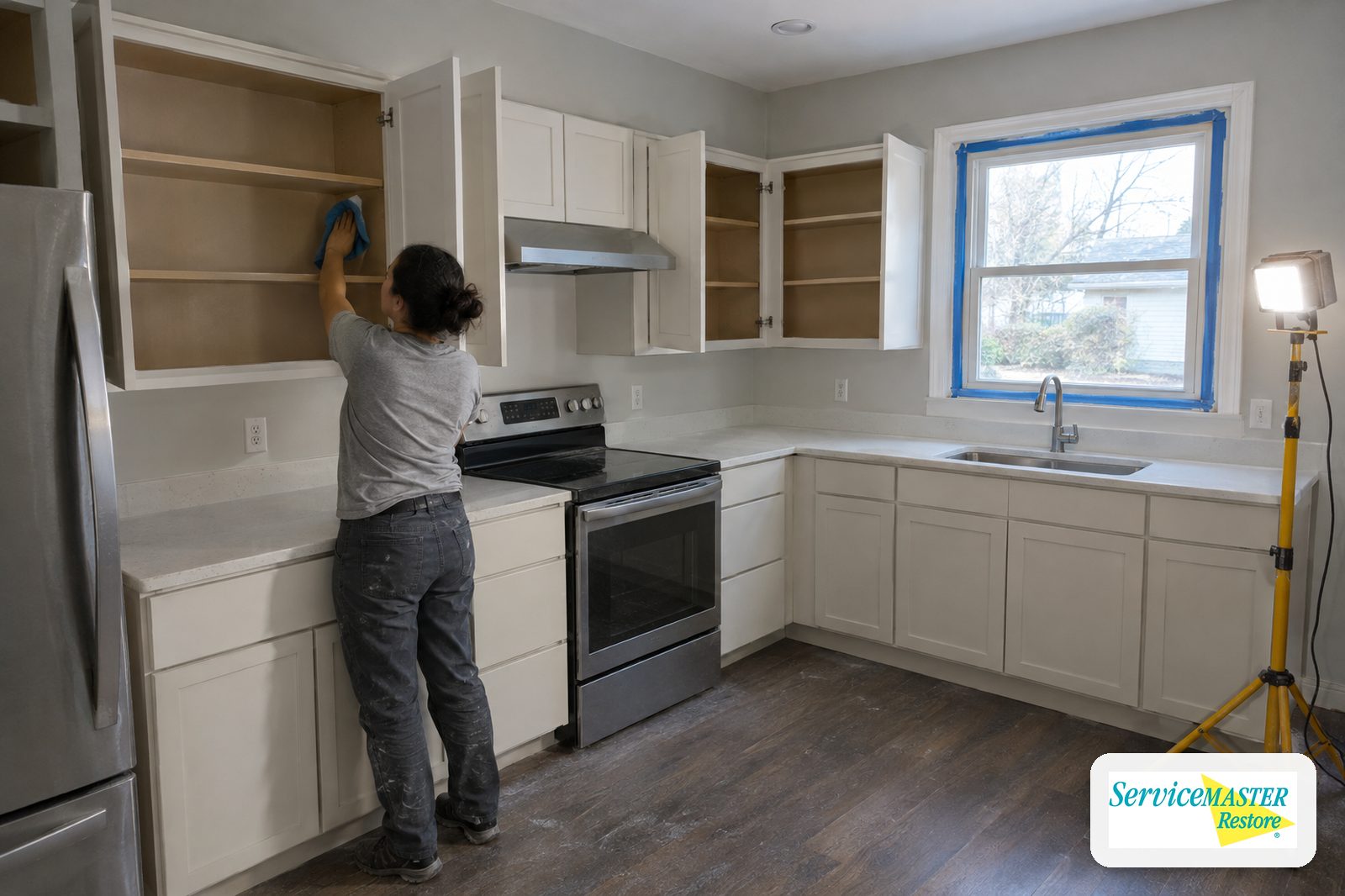 Cleaner wiping fine dust inside open kitchen cabinets in a recently painted empty home