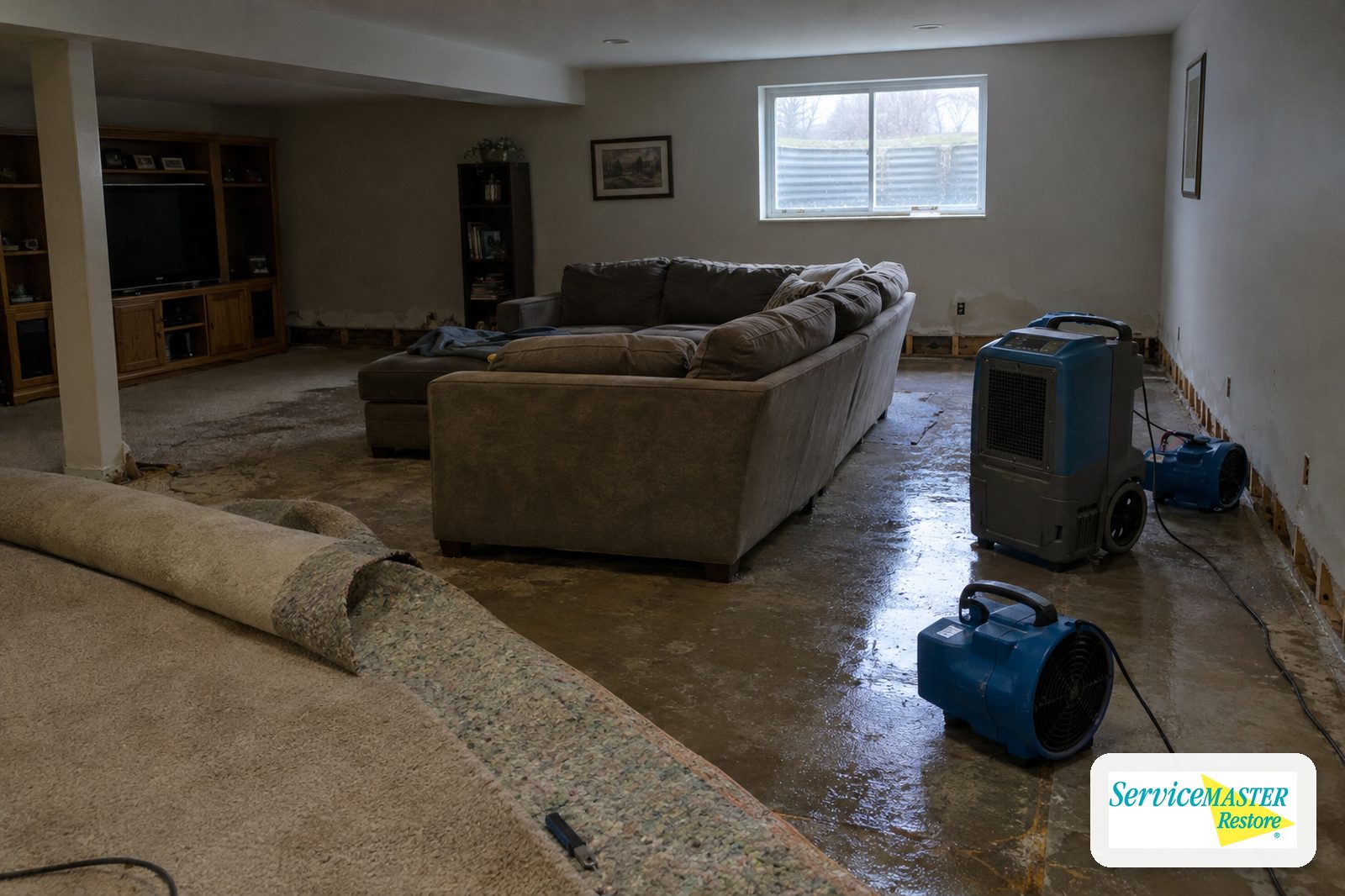 Finished basement with wet carpet rolled back, baseboards off and drying equipment running