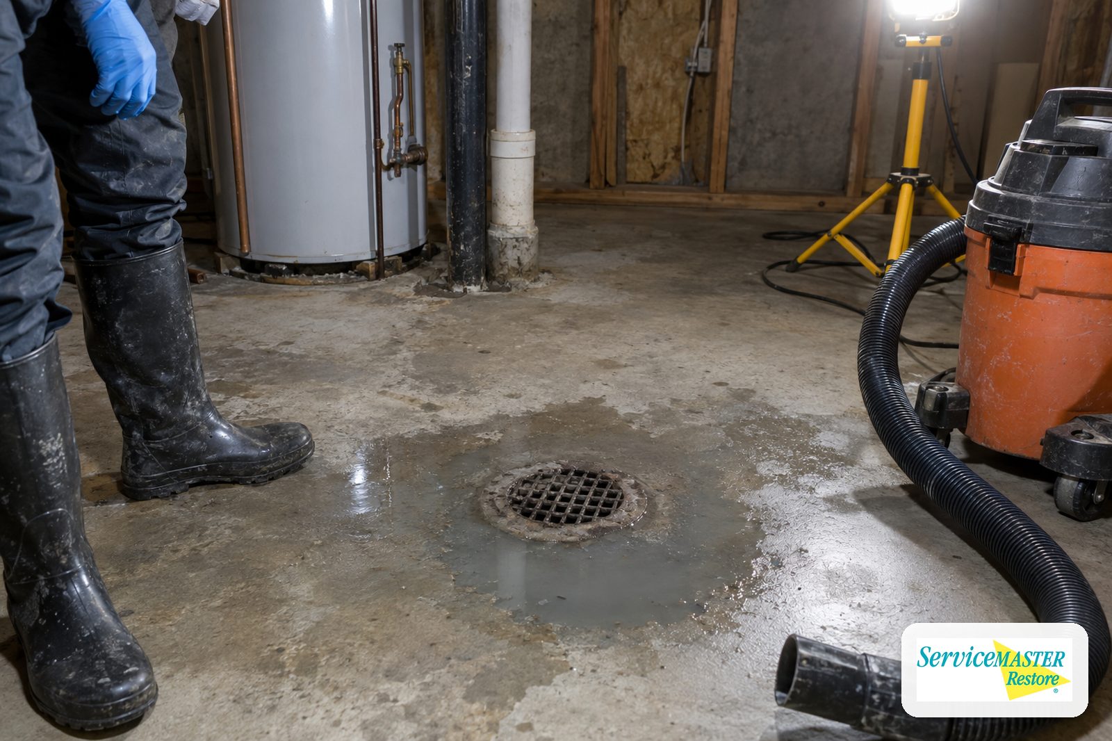 Gray water pooled around a basement floor drain next to a wet-dry vacuum hose
