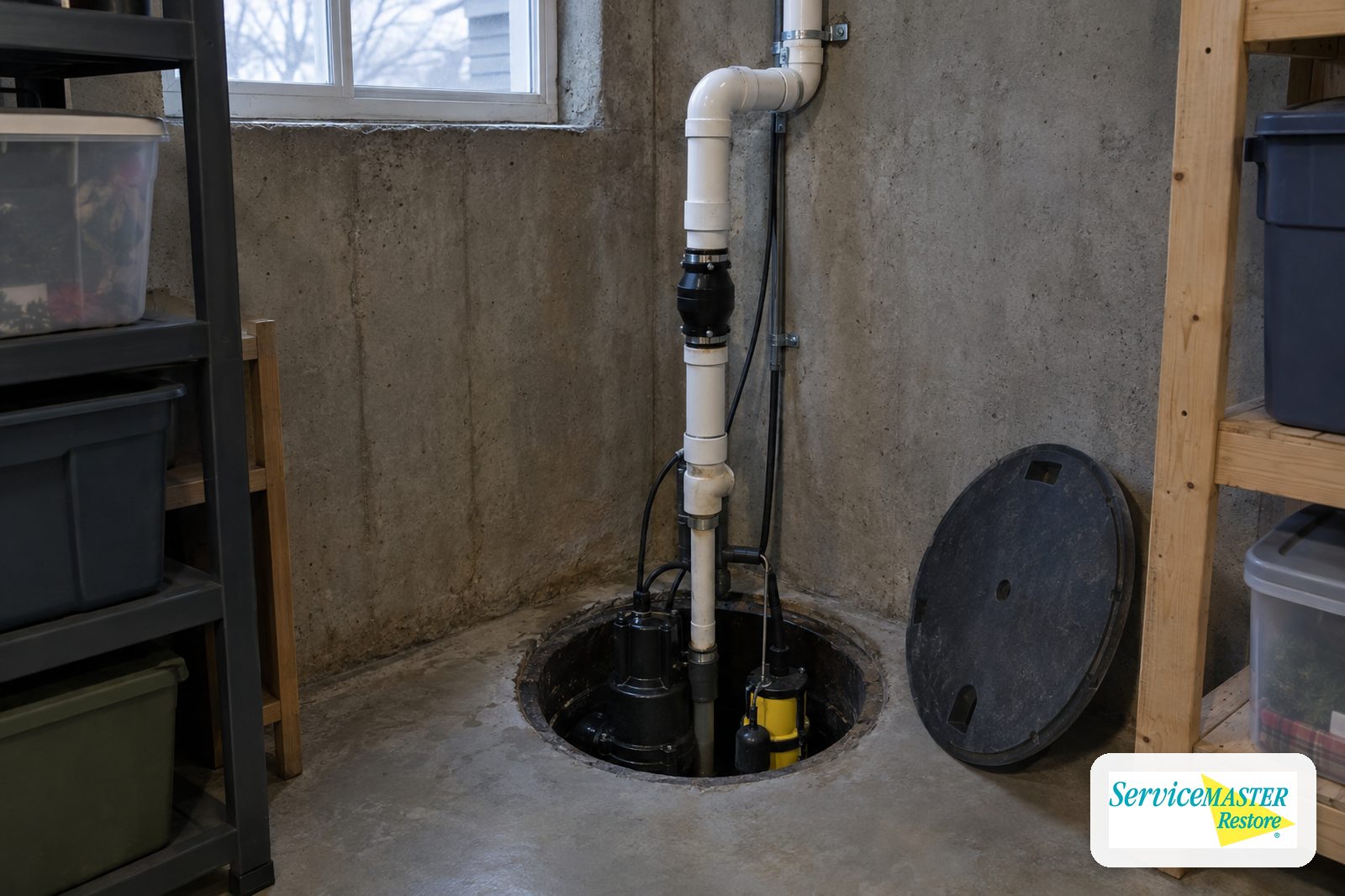 Open sump pit with a primary pump, battery backup pump and discharge pipe