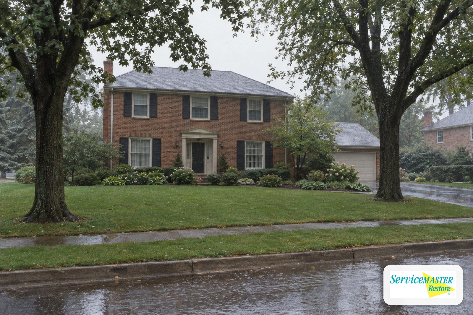 Late-1970s two-story brick colonial house with mature oak trees and rainwater along the curb