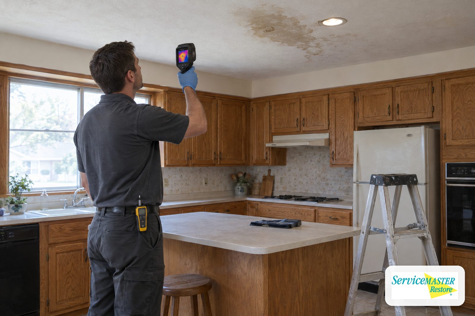 Technician aiming a thermal imaging camera at a water stain on a kitchen ceiling