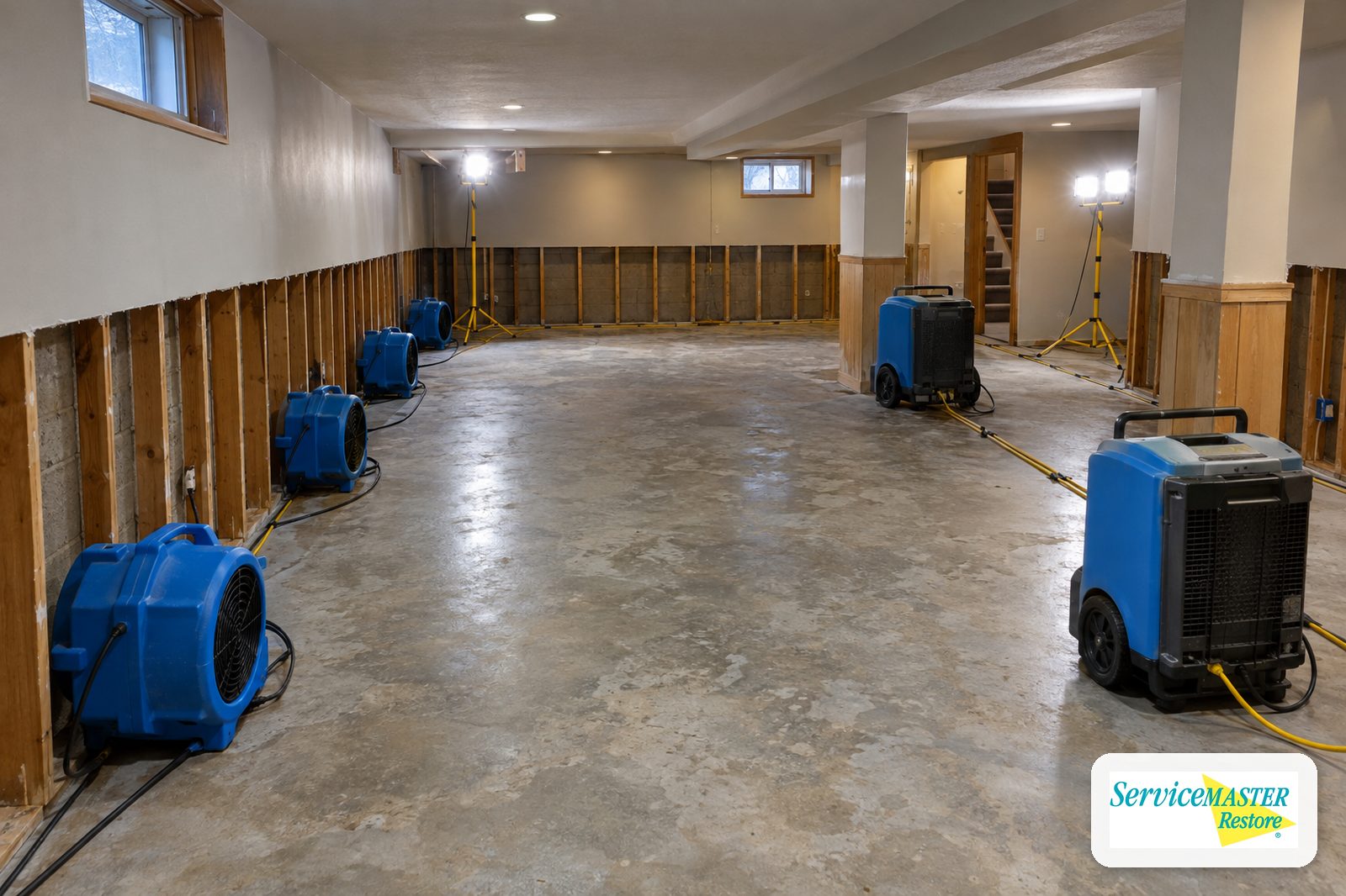 Large basement with carpet removed, drywall cut away and a row of air movers and dehumidifiers drying the walls