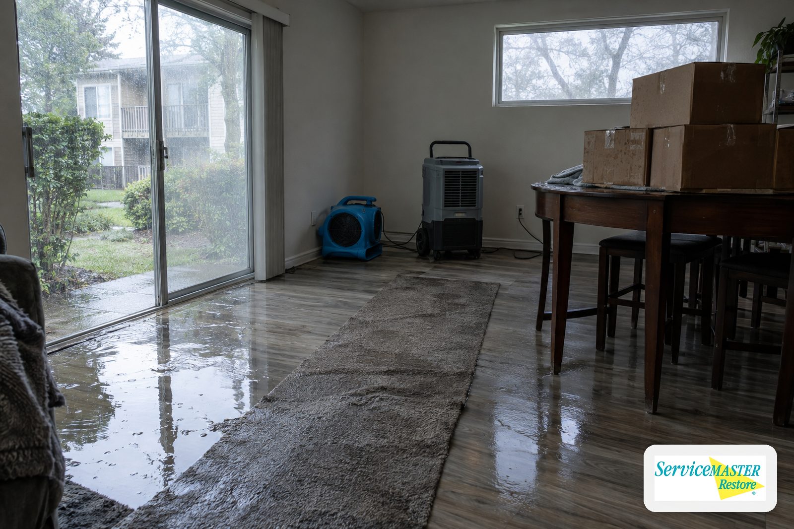 Shallow water on the floor of a garden-level apartment with boxes lifted onto a table and drying equipment by the wall