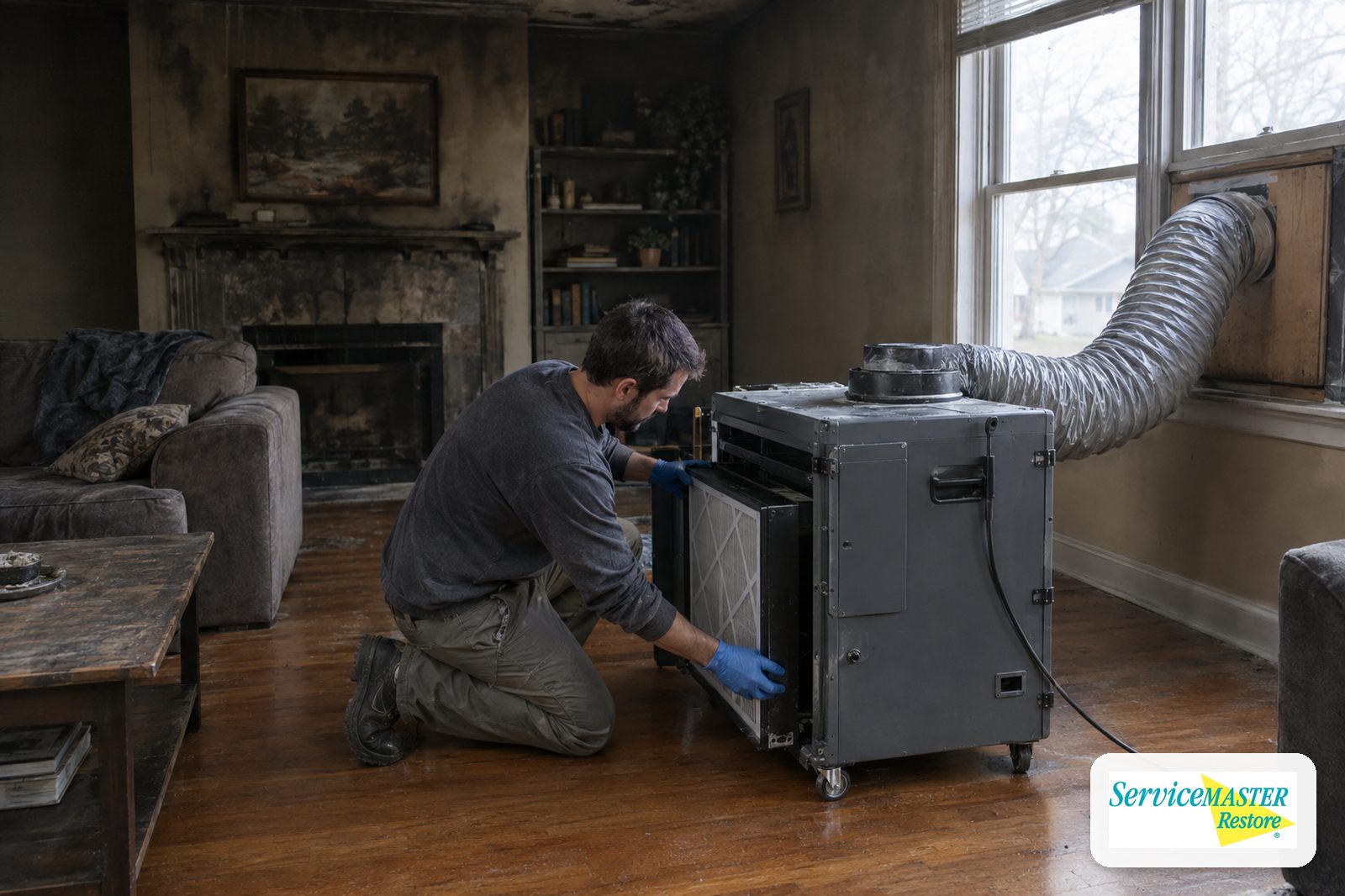 Technician checking the filter housing of a HEPA air scrubber running in a living room