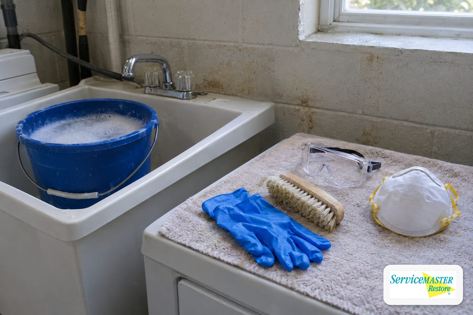 Scrub brush, soapy water, gloves, goggles and N-95 respirator laid out beside a basement block wall