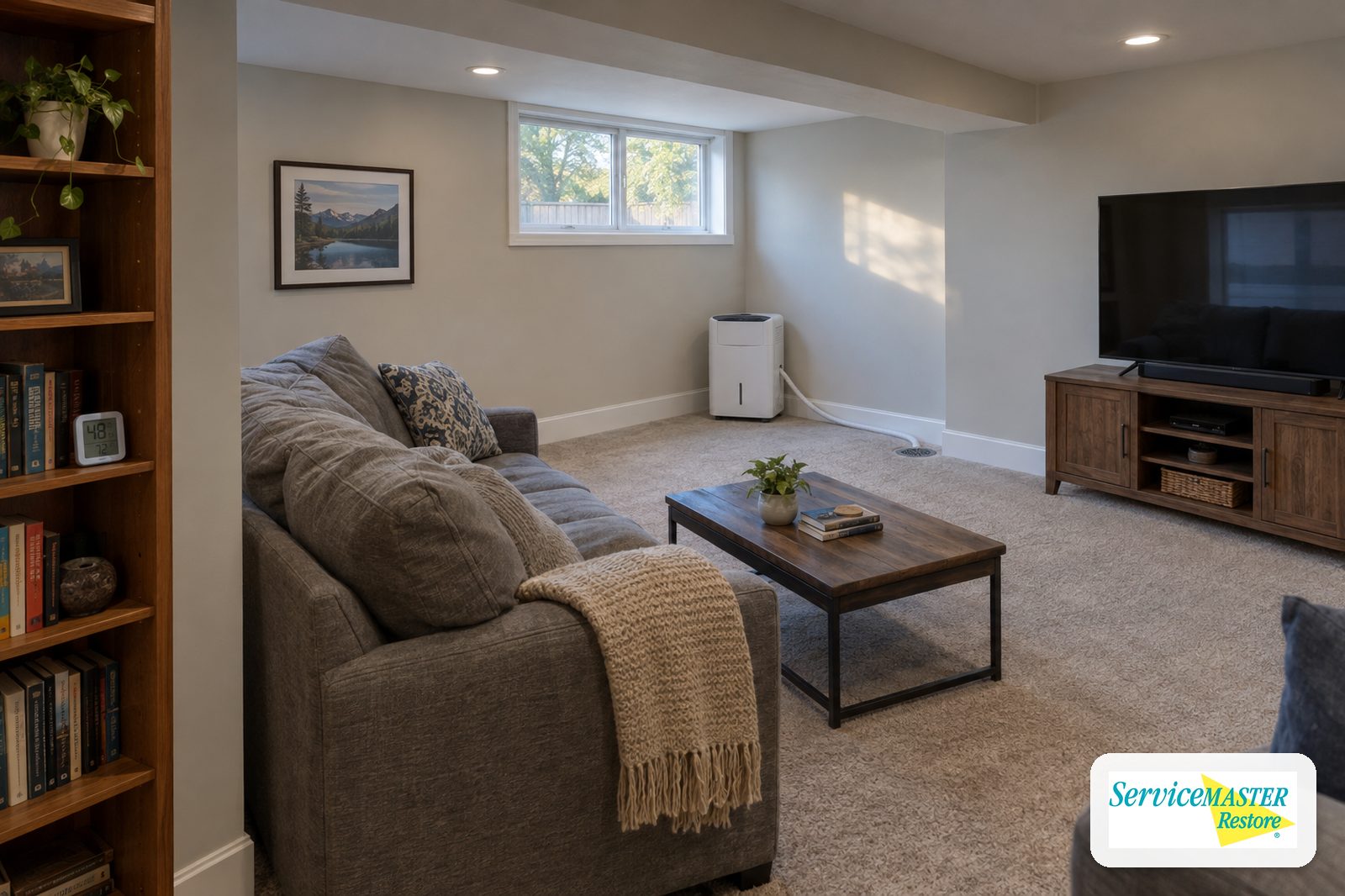 Repaired, dry basement family room with a humidity meter on a shelf and a household dehumidifier