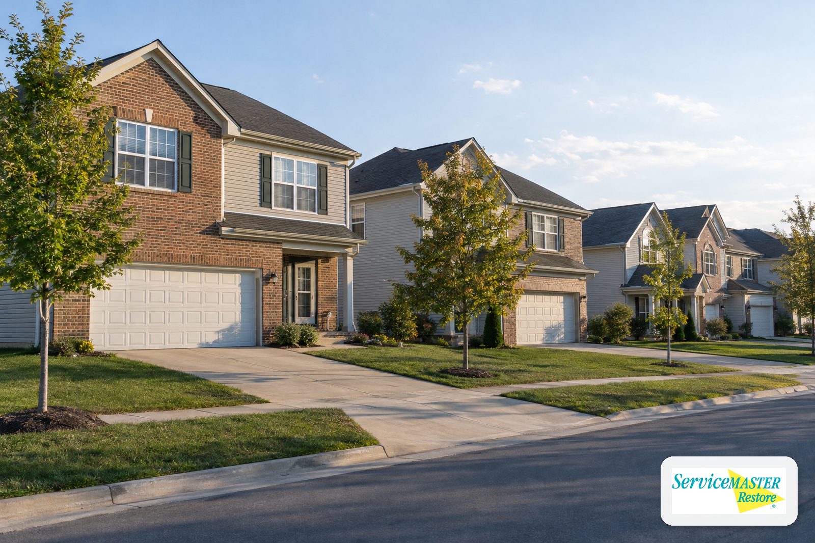 Two-story 2000s subdivision homes with attached garages and young trees on a suburban street