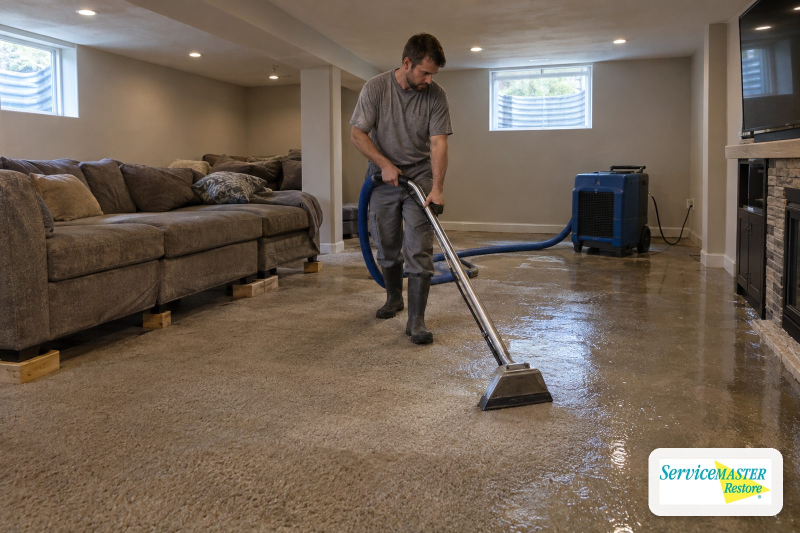 Technician extracting water from wet carpet in a finished basement with furniture raised on blocks