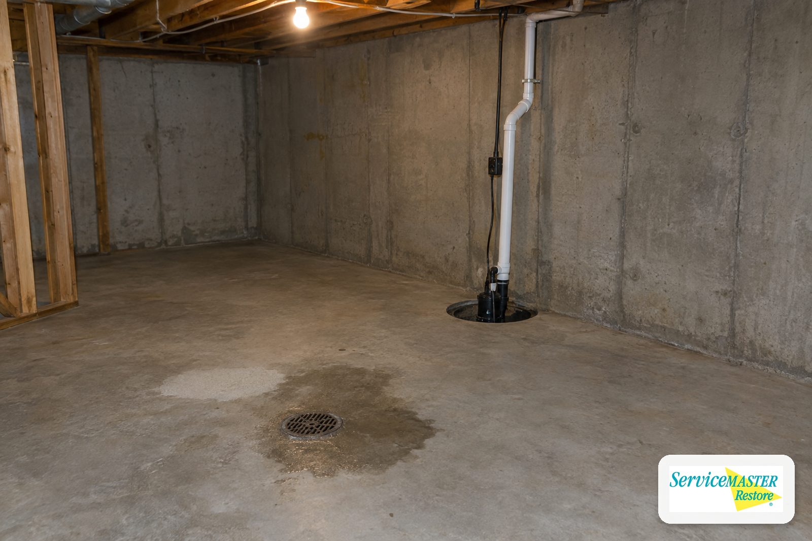 Basement concrete floor with a floor drain near a sump pit and pump discharge pipe