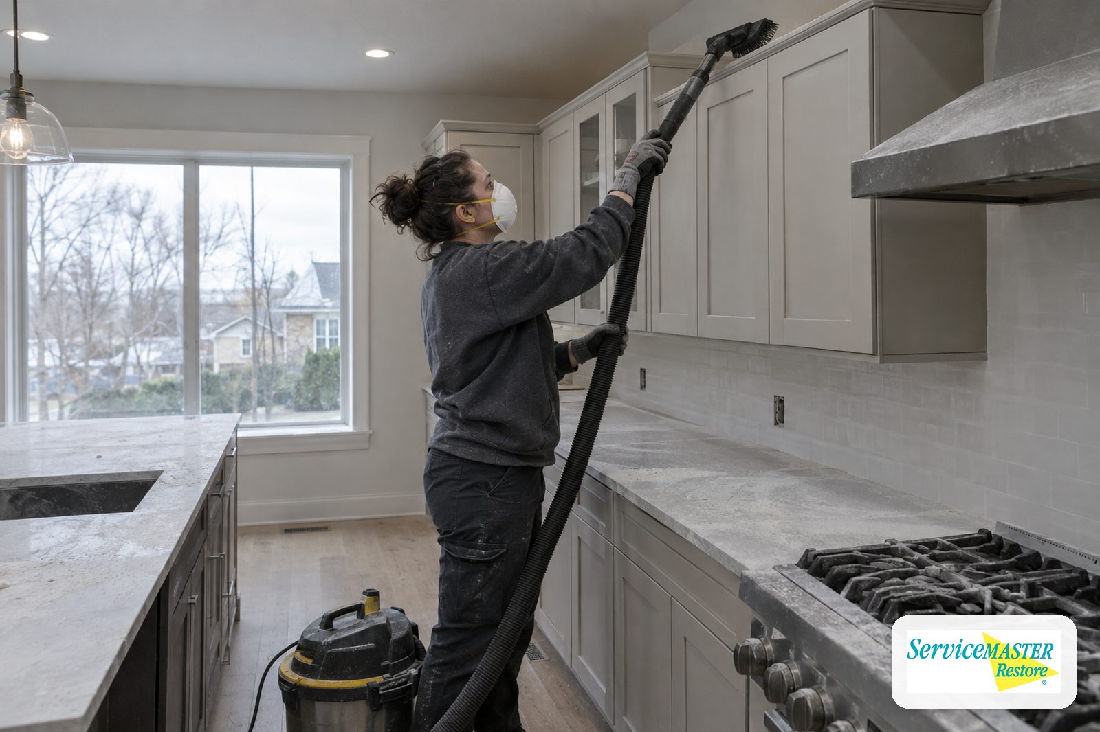 Technician in a respirator HEPA-vacuuming drywall dust from new kitchen cabinets after a remodel
