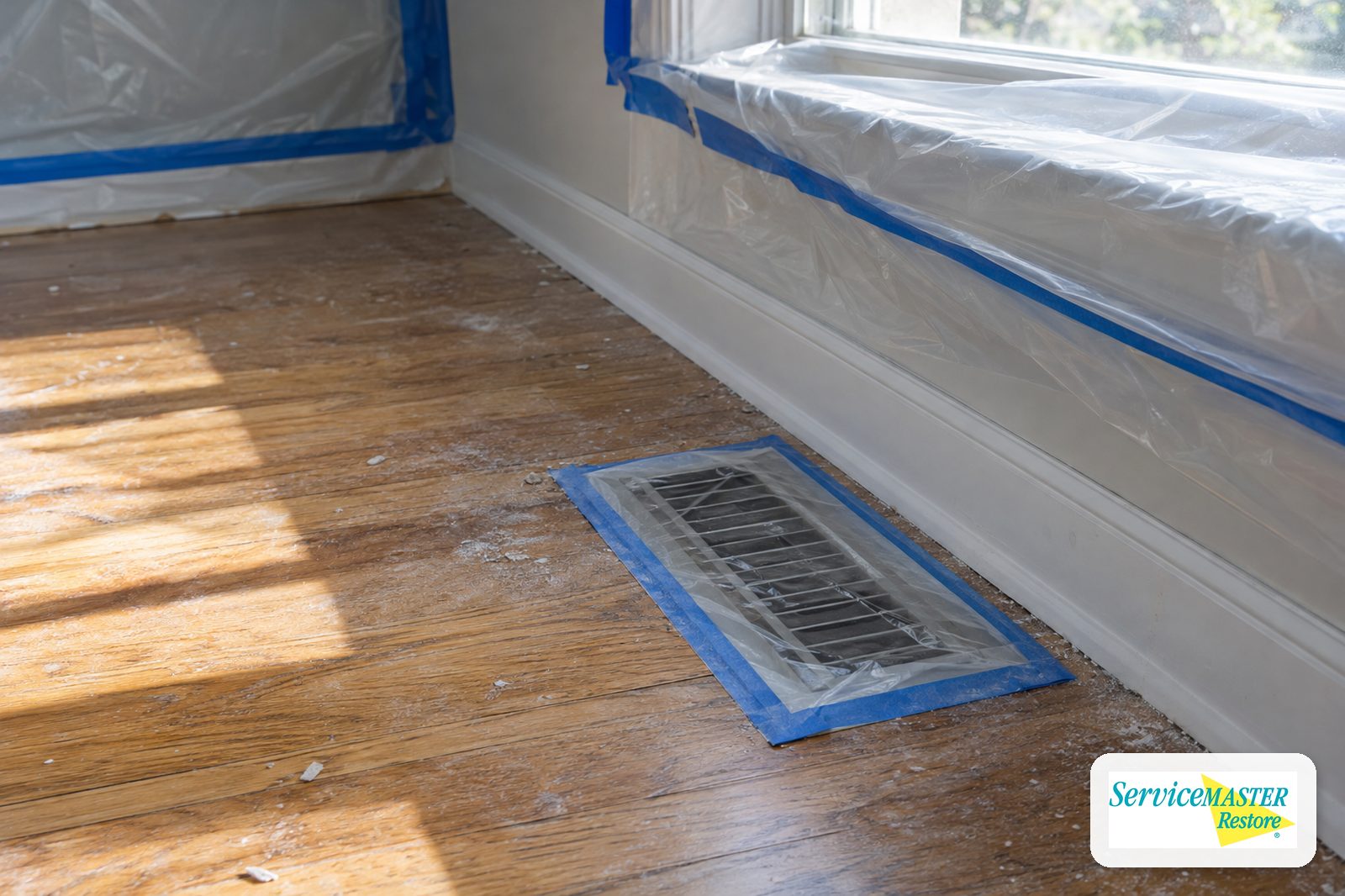 Floor air register sealed with plastic sheeting and painter's tape during renovation
