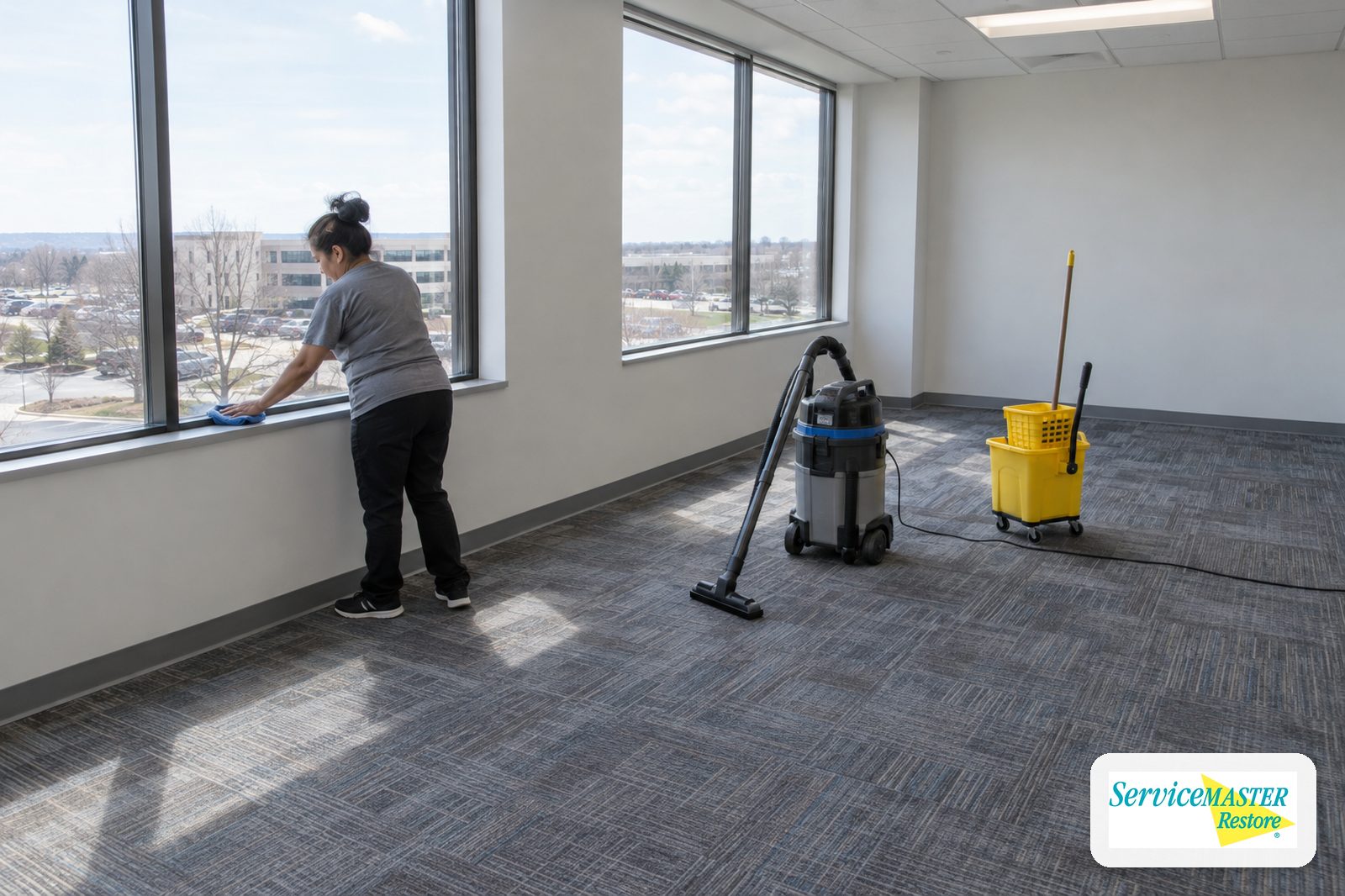 Cleaner damp-wiping a window sill in an empty, newly built office suite