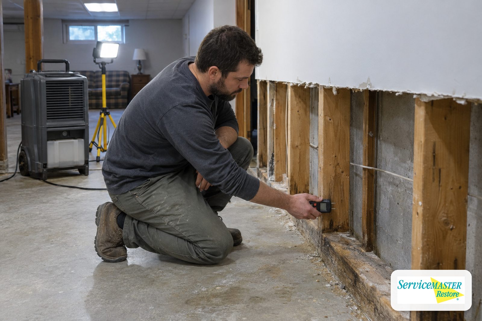 Technician testing an exposed wall bottom plate with a moisture meter where drywall was removed