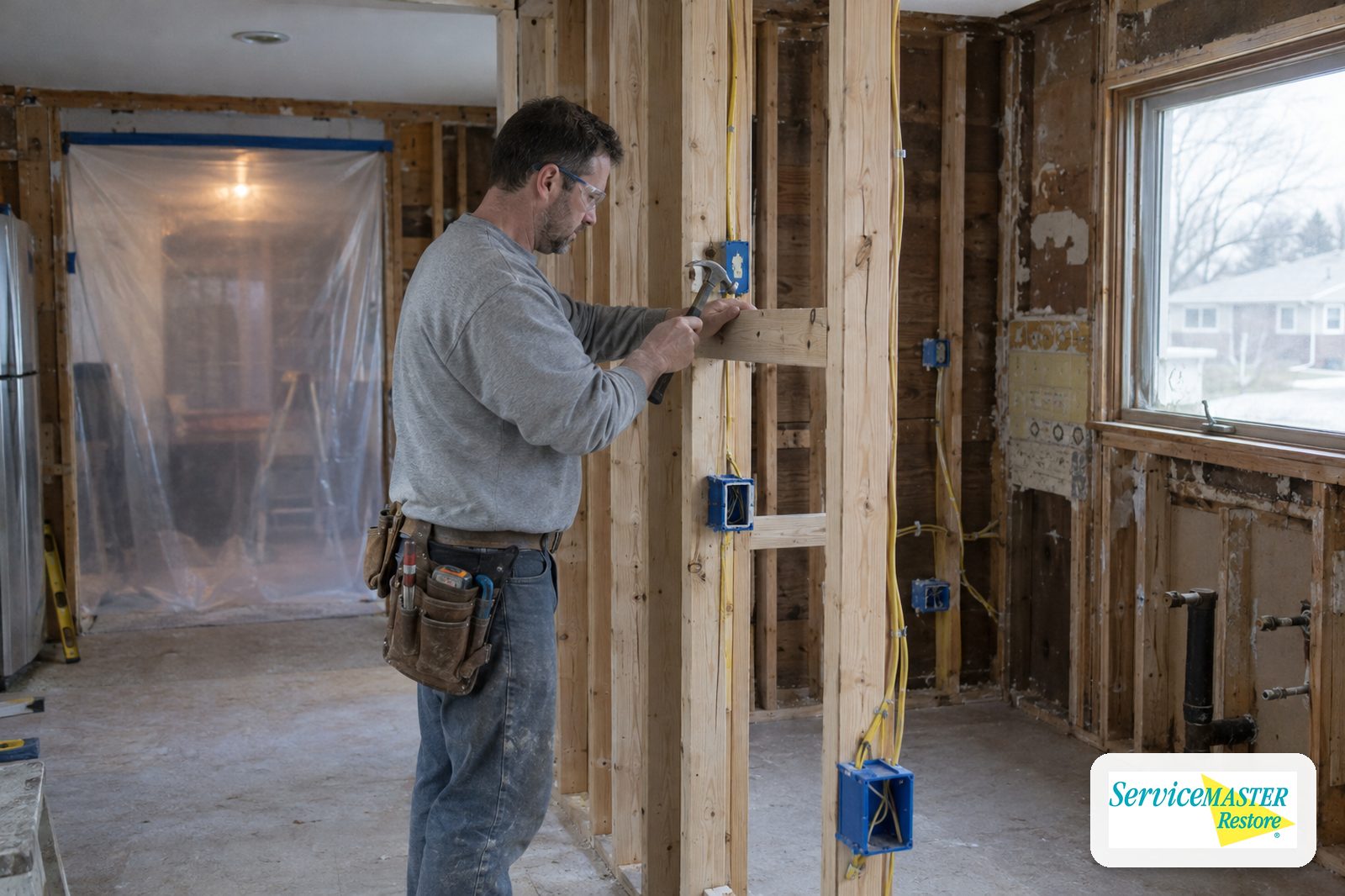 Carpenter installing new framing and electrical boxes in a gutted kitchen