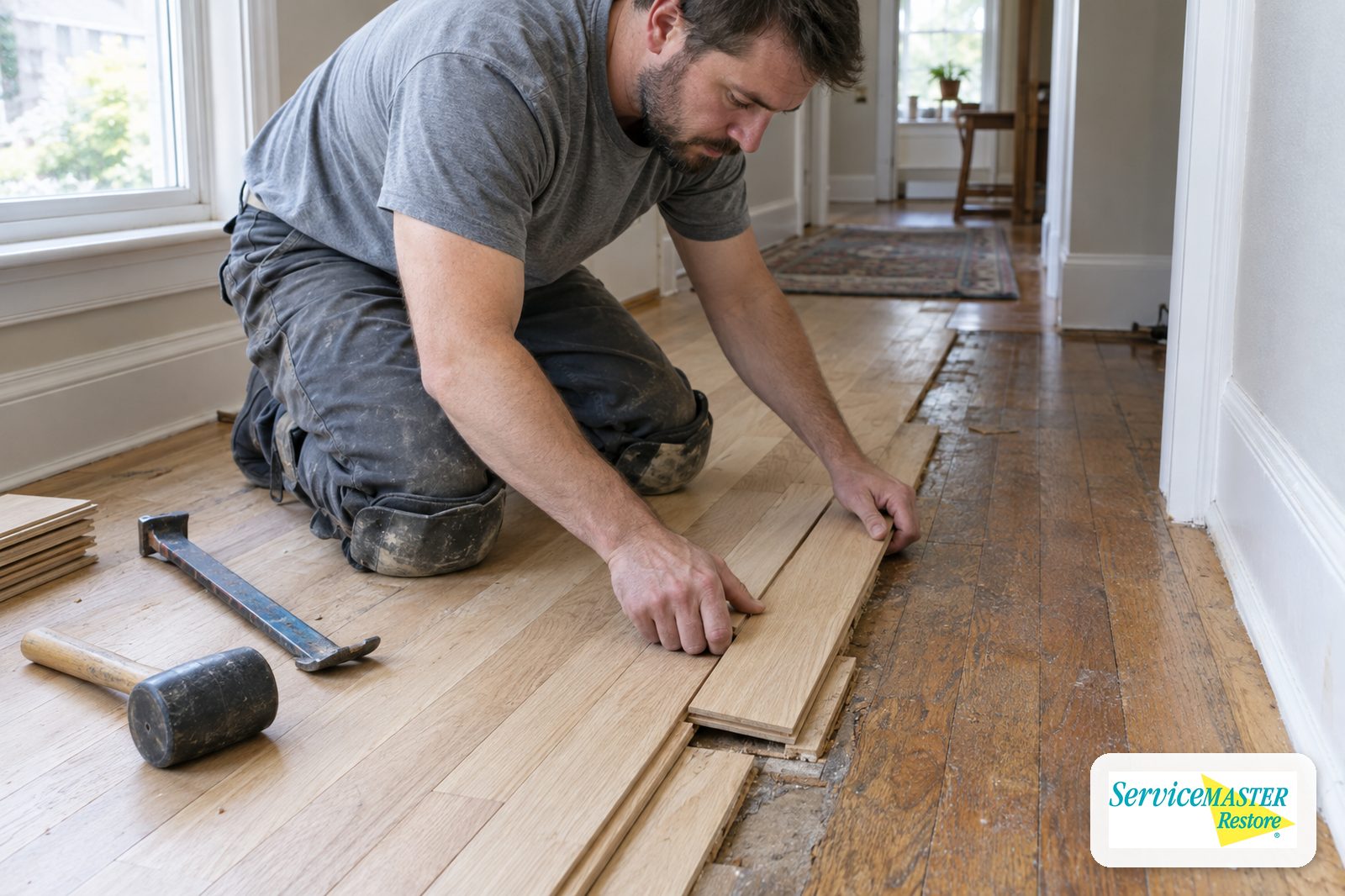 Installer weaving new oak boards into an older oak hallway floor
