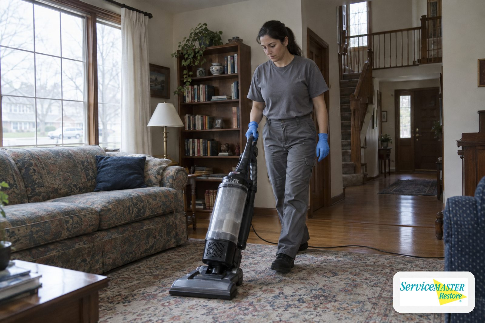 Cleaning technician vacuuming a living-room rug with an upright HEPA vacuum in a suburban home