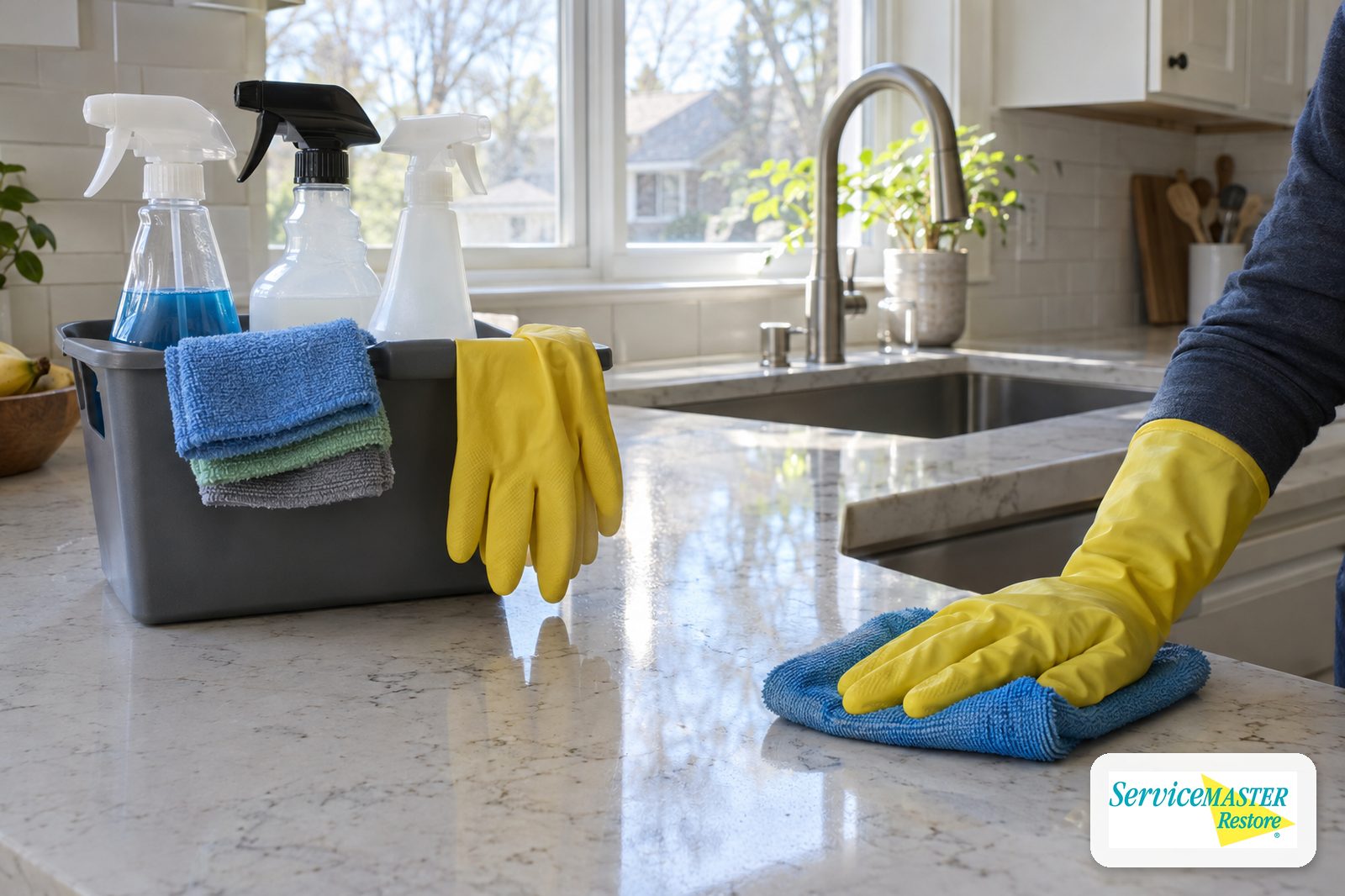 Gloved hand wiping a kitchen counter next to a caddy of spray bottles and microfiber cloths
