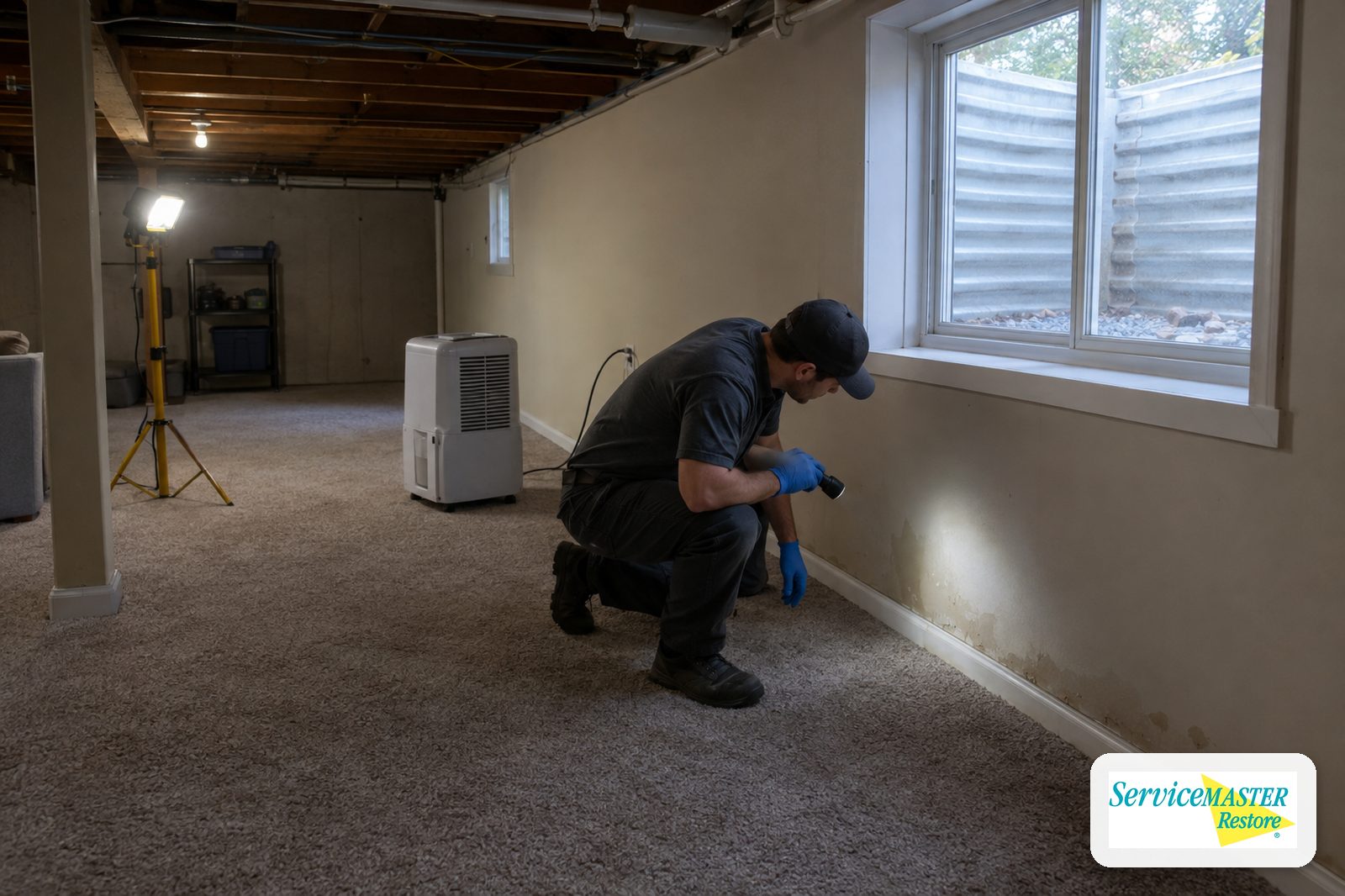 Technician checking basement drywall with a flashlight beside a running dehumidifier