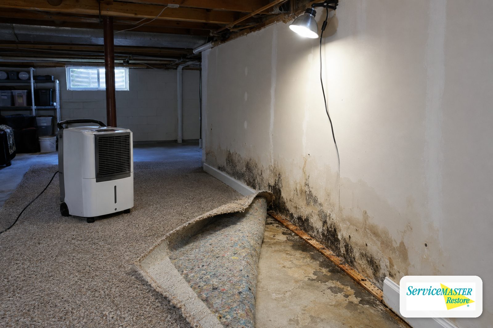 Carpet and pad pulled back in a finished basement showing stained tack strip and lower drywall