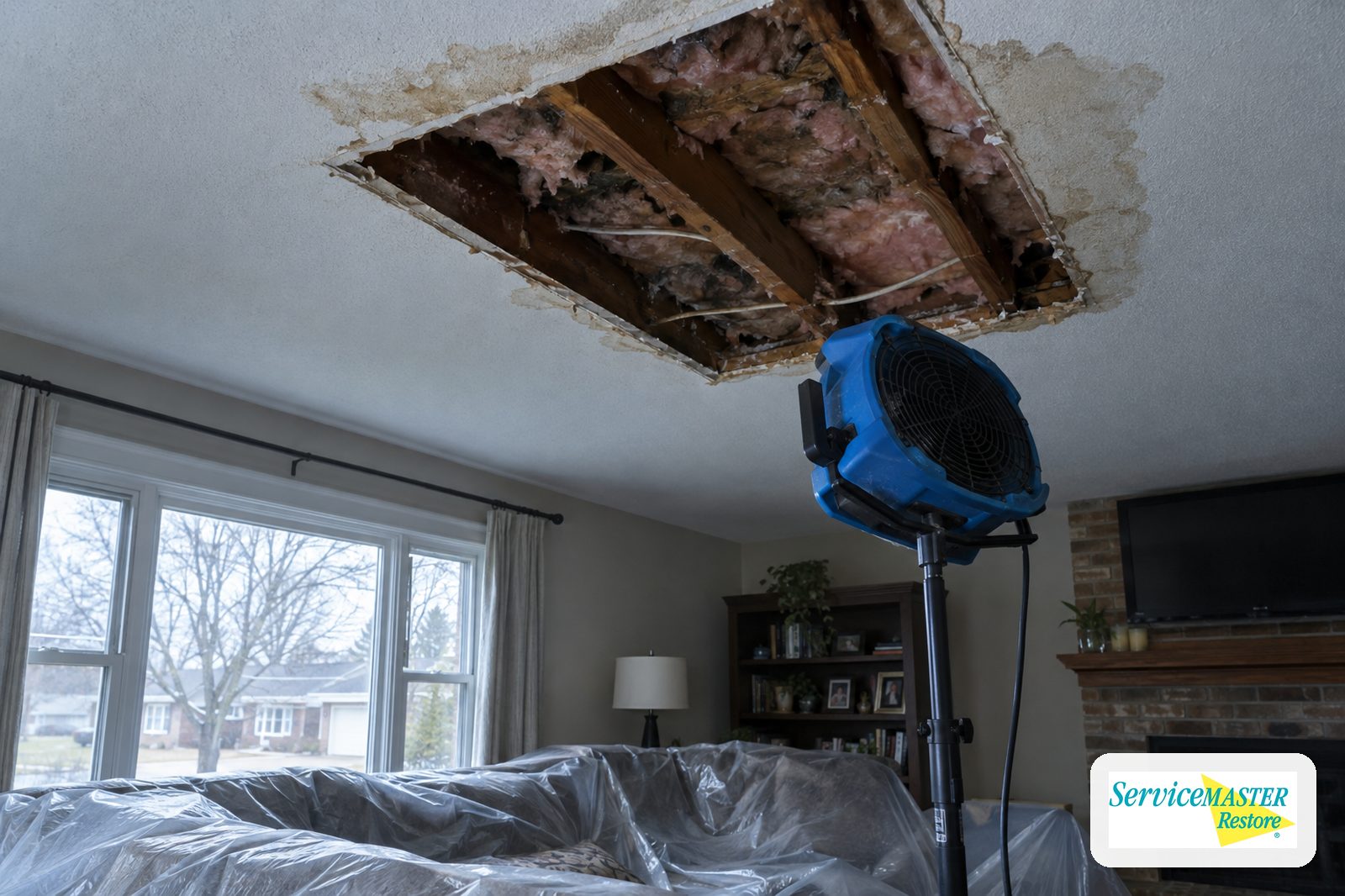 Living room ceiling with a section of drywall cut out below a bathroom and an air mover aimed into the opening