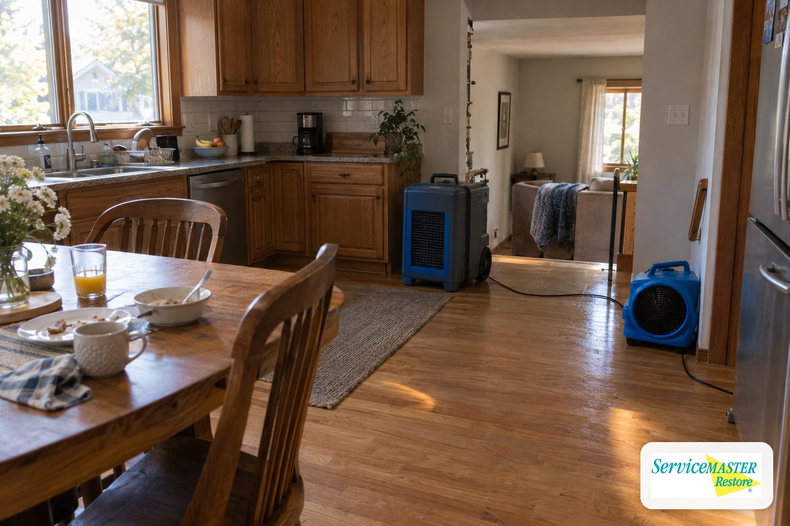 Kitchen in a lived-in home with a dehumidifier and air mover running near a doorway