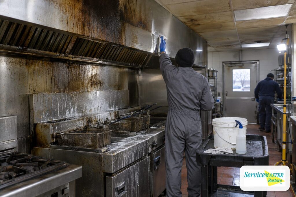 Restaurant cook line after a contained fryer fire, with soot on the stainless hood and a technician cleaning a test patch