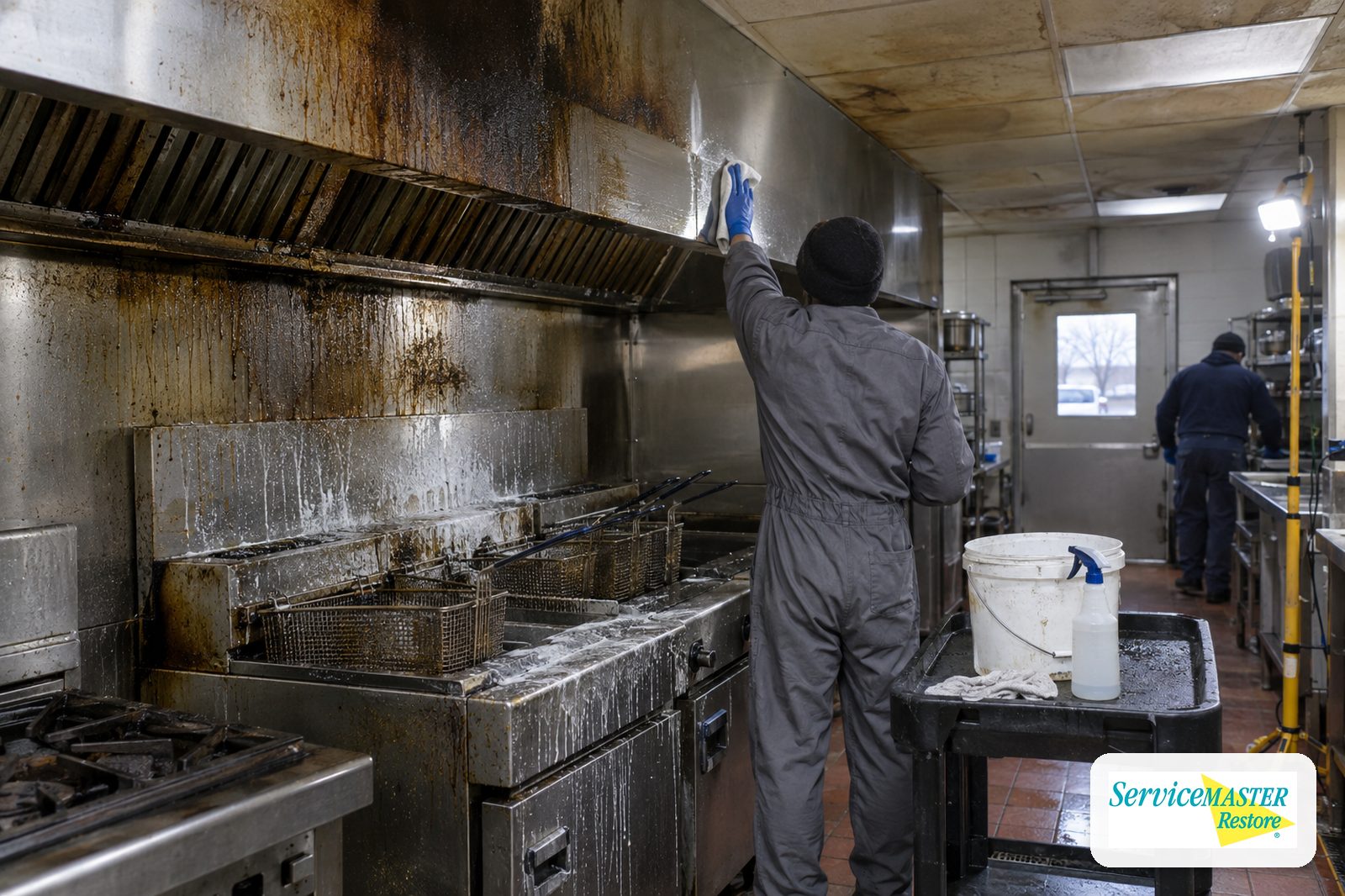 Restaurant cook line after a contained fryer fire, with soot on the stainless hood and a technician cleaning a test patch