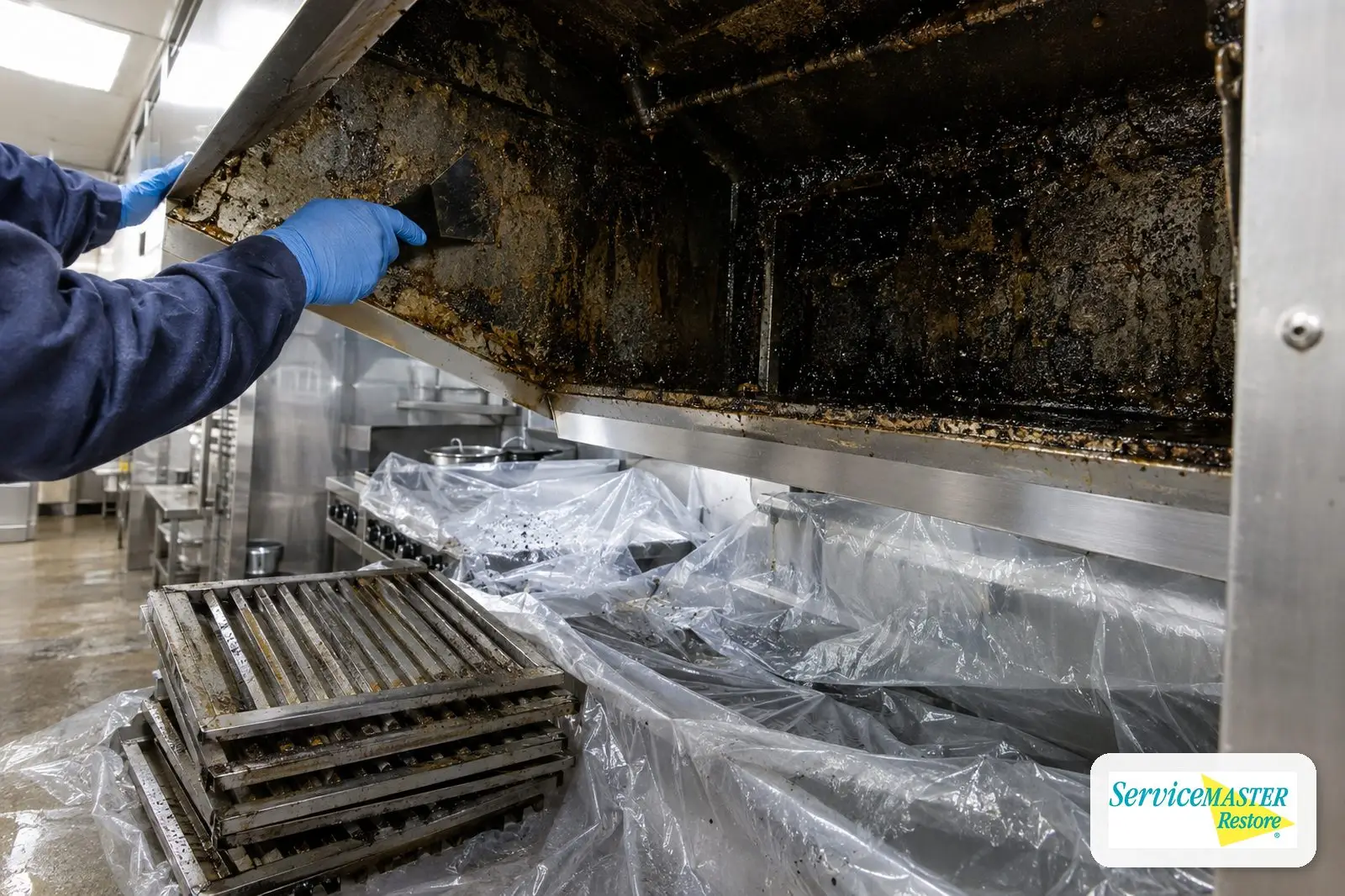 Technician scraping grease and soot from a restaurant exhaust hood plenum with baffle filters removed