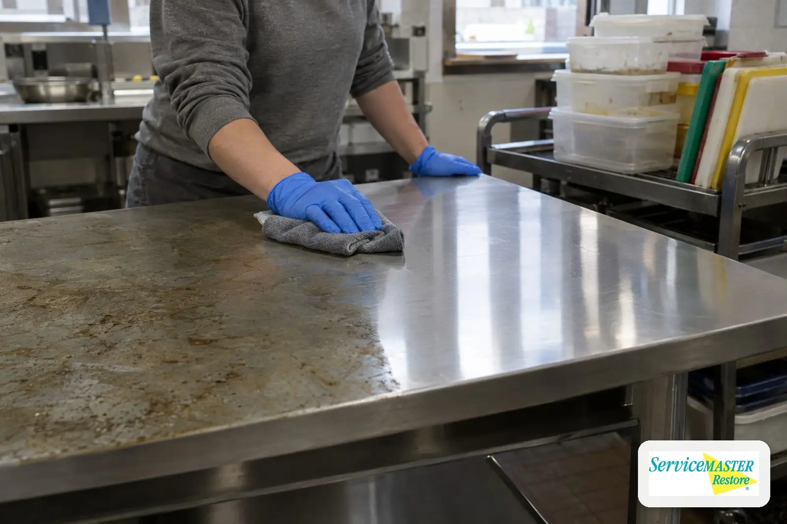 Stainless prep table half cleaned of oily smoke residue during restaurant fire cleanup