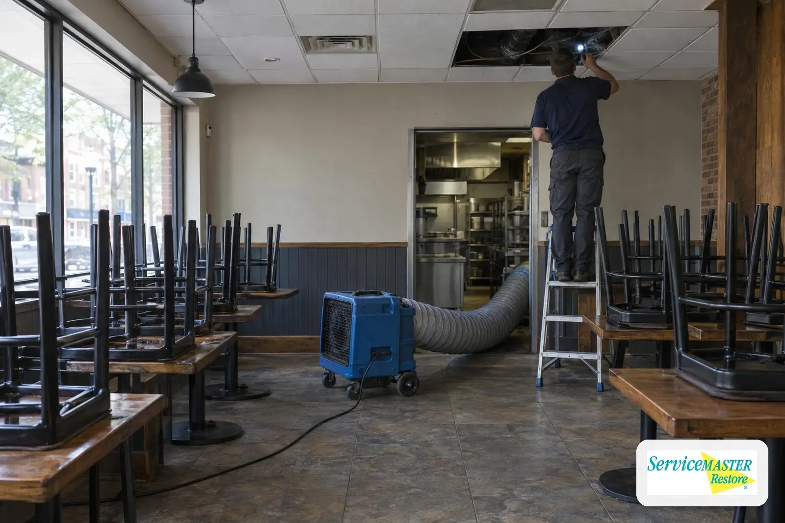 Closed restaurant dining room with chairs stacked and an air scrubber running during smoke odor cleanup