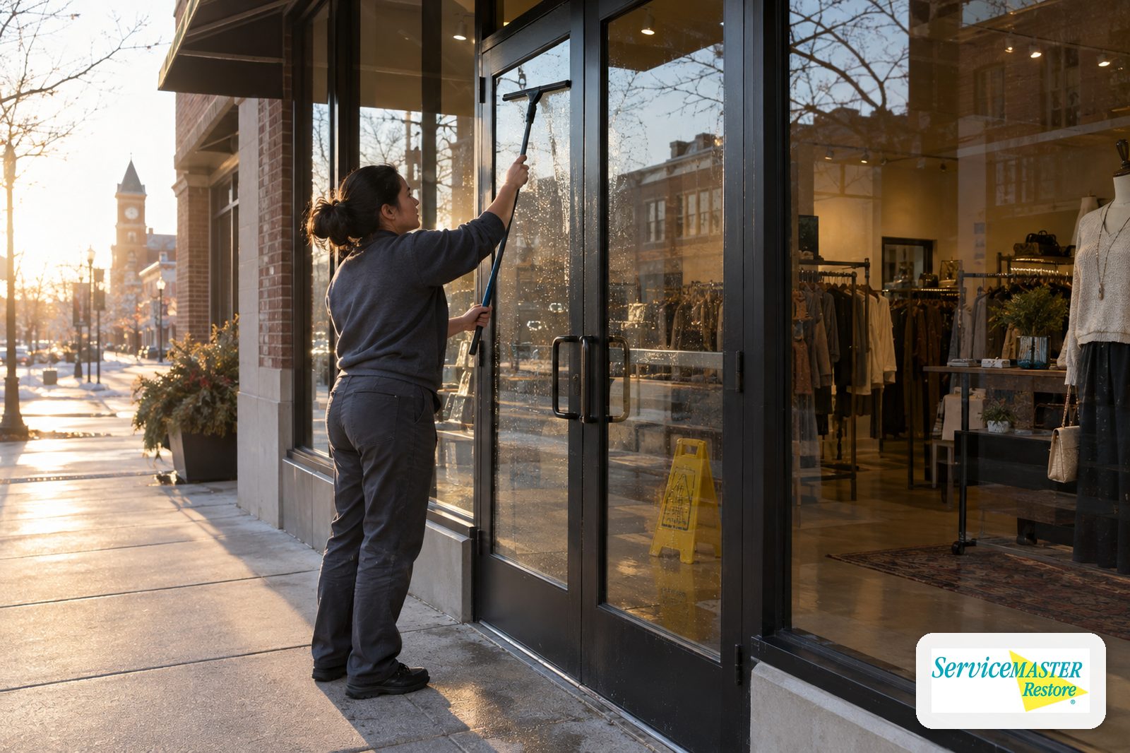 Cleaner squeegeeing the glass entry door of a storefront early in the morning