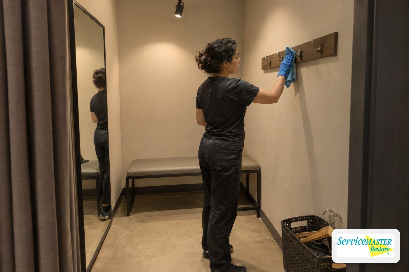 Worker wiping wall hooks in an empty store fitting room with a bench and mirror