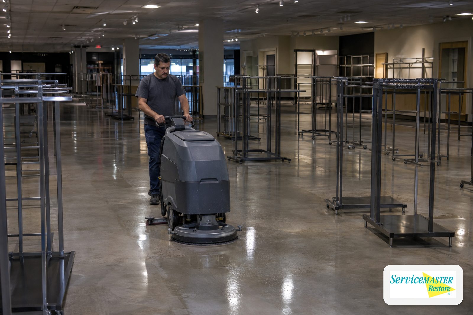 Walk-behind floor scrubber cleaning a polished concrete store floor after closing