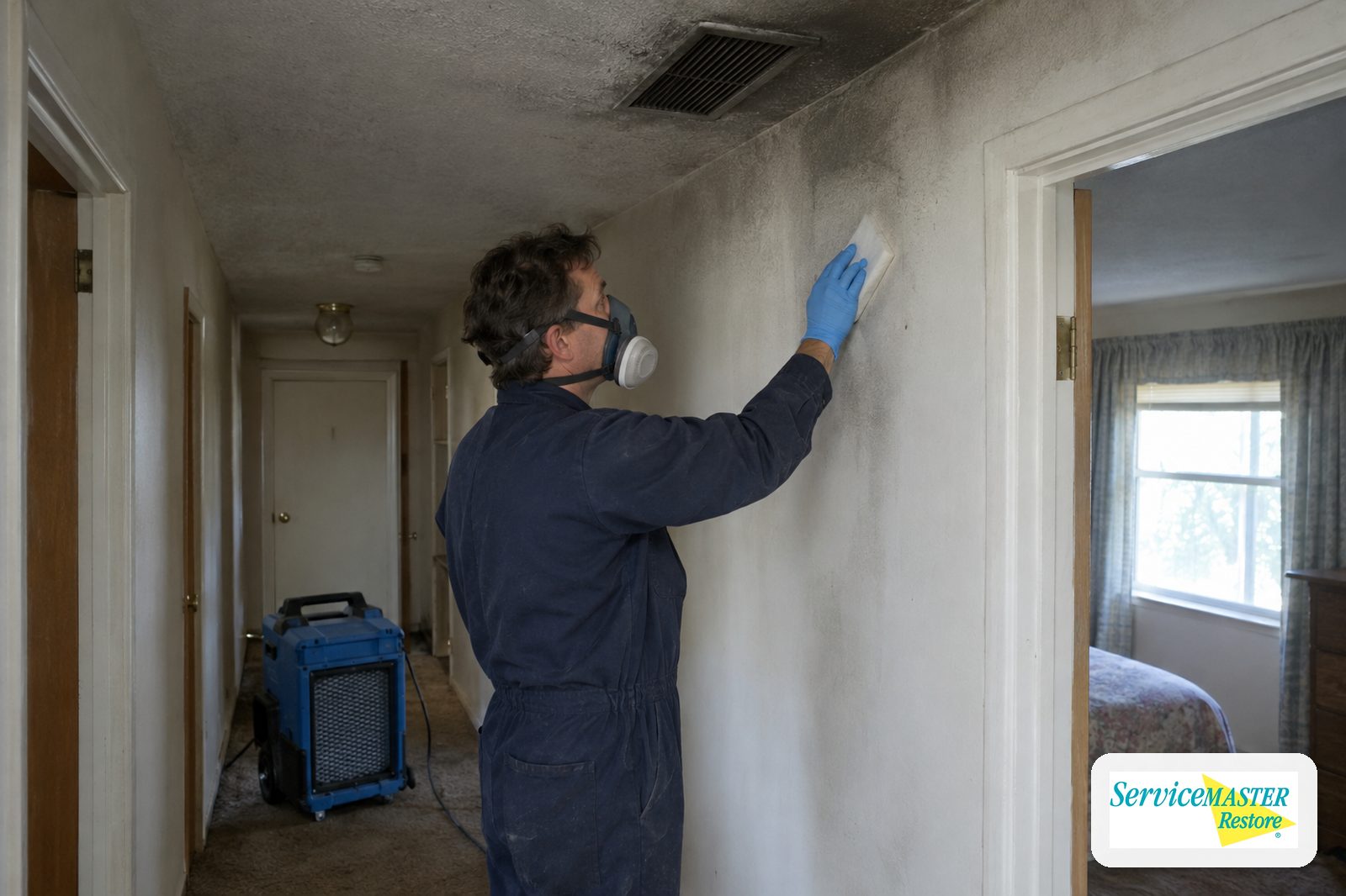 Technician wiping a soot test patch on a hallway ceiling near a return air vent with an air scrubber running