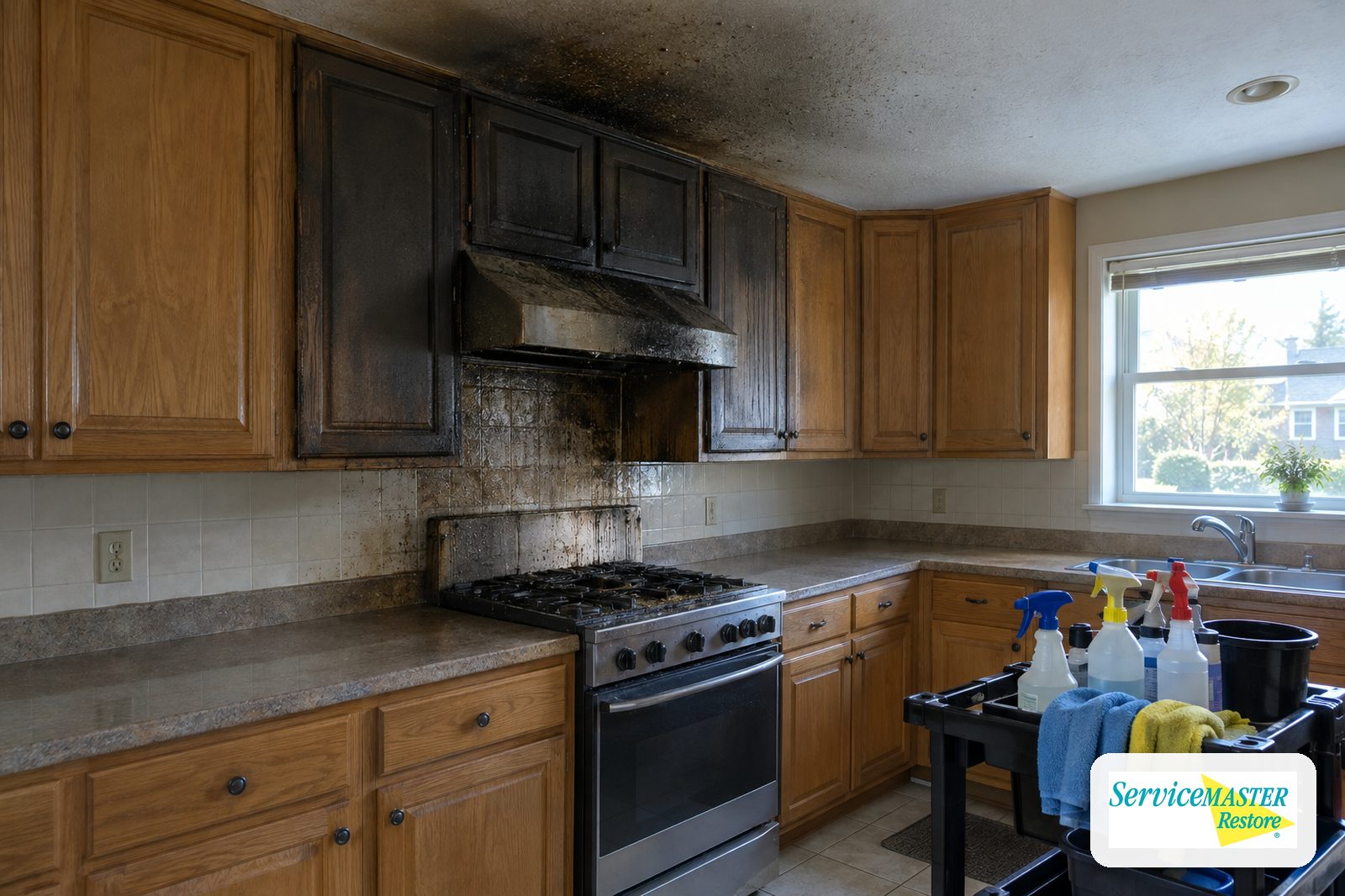 Kitchen with a smoke-darkened range hood and cabinets above the stove after a small cooking fire