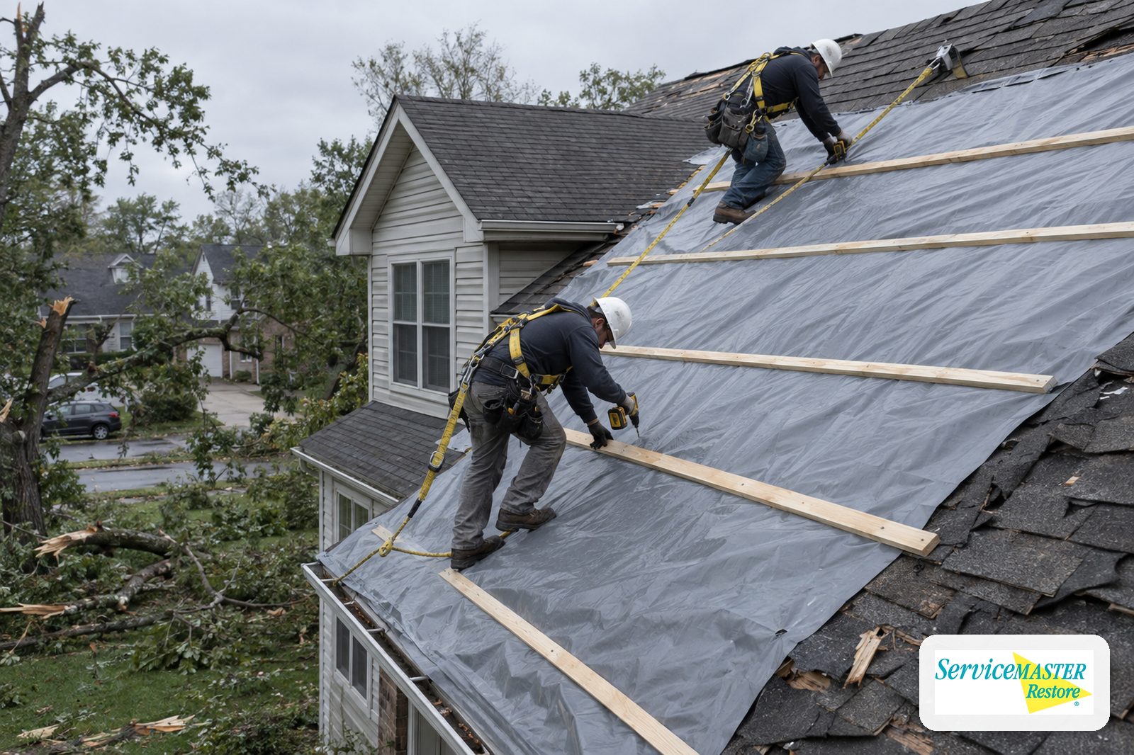 Two roofers in fall-arrest harnesses securing a gray tarp with wood battens on a storm-damaged roof