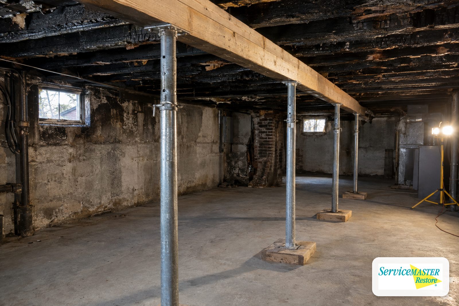 Adjustable steel shoring posts on wood pads holding up a beam under fire-damaged floor joists