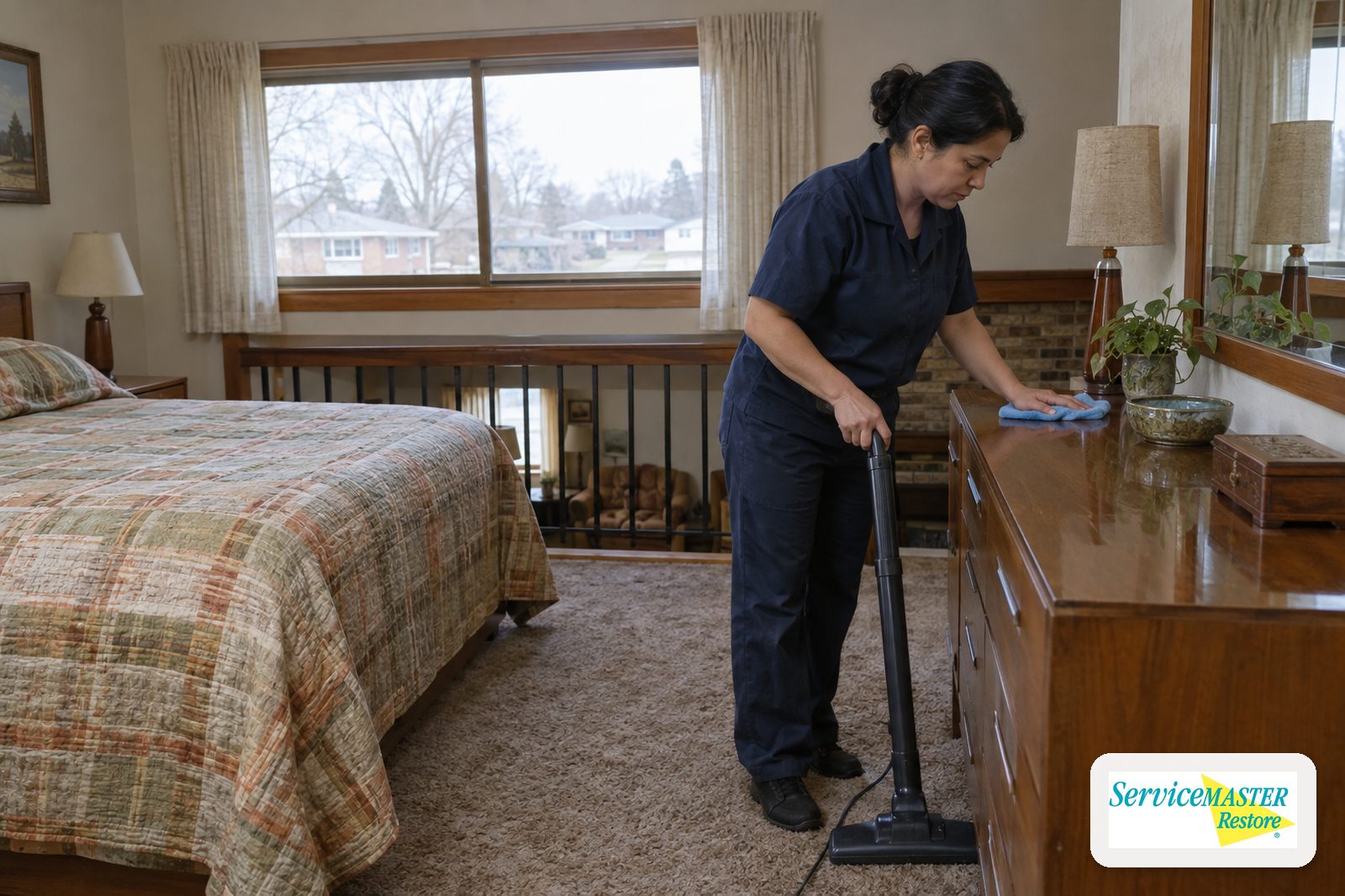 Cleaner dusting a bedroom dresser with a microfiber cloth near a window