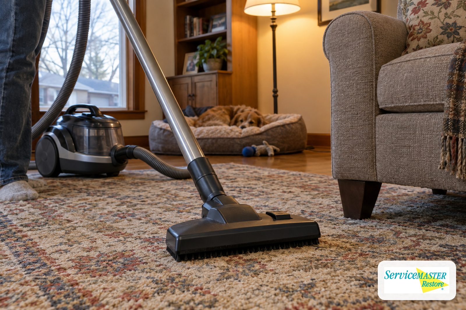 Canister HEPA vacuum cleaning an area rug next to an armchair and a dog bed