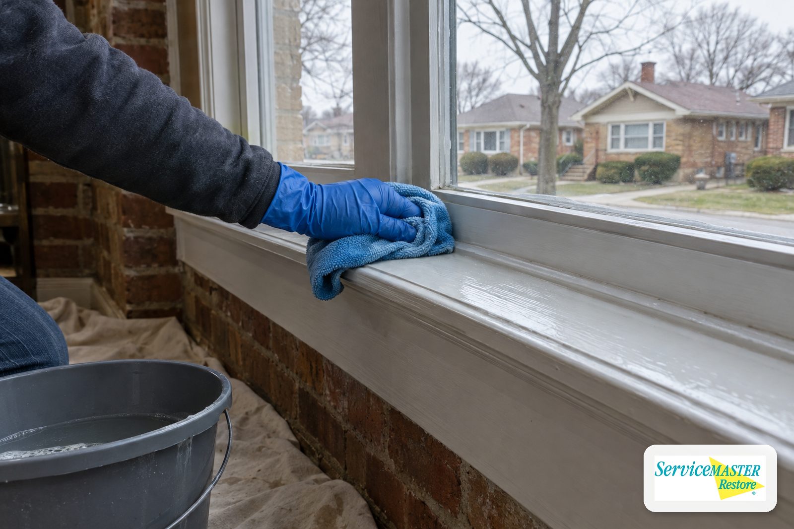 Gloved hand damp-wiping a painted window sill in an older home